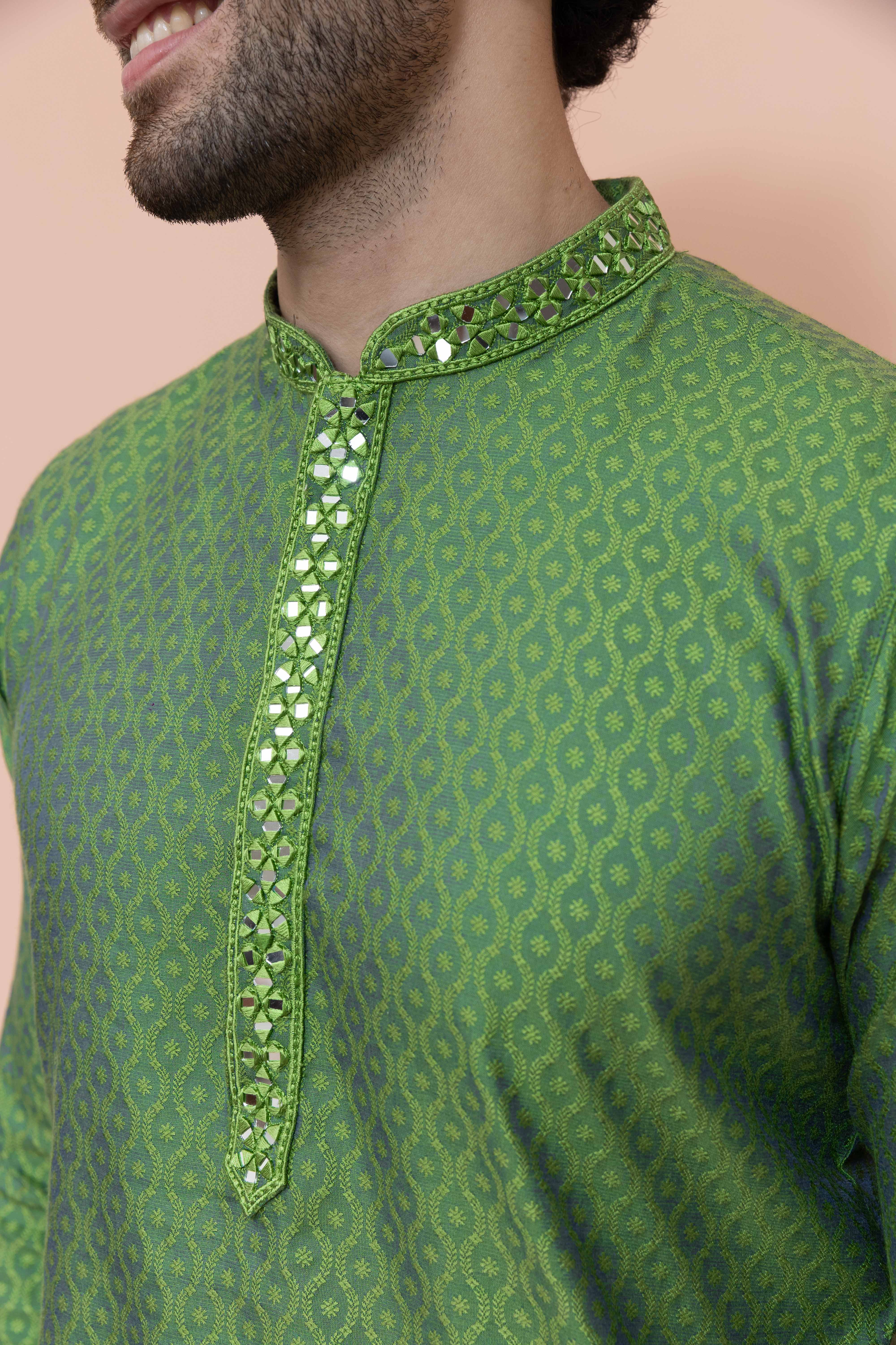 Men Green Ethnic Motifs Mirror work Kurta Trouser Set - Image 5