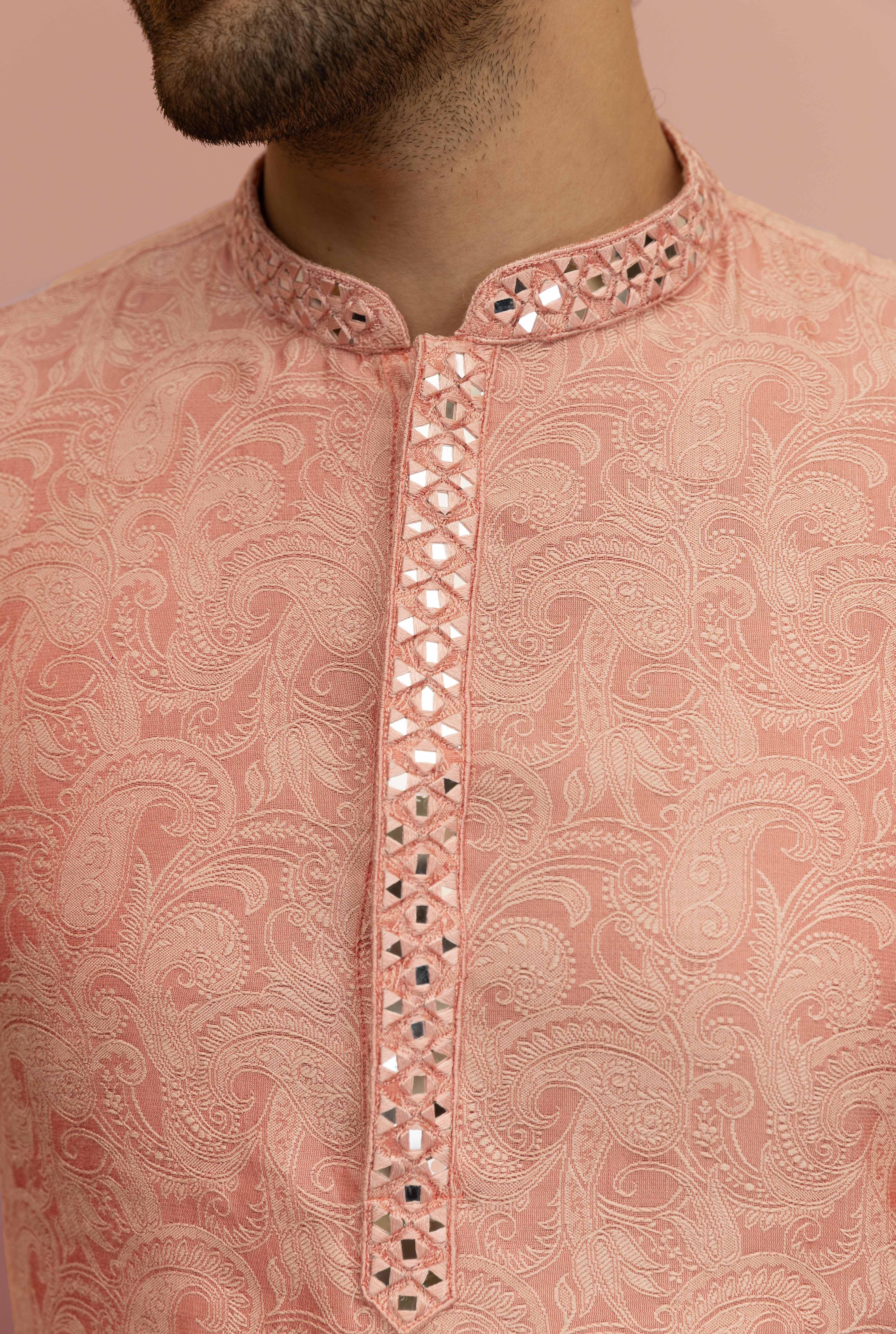 Peach Paisley Print Mirror Work Kurta - Image 5