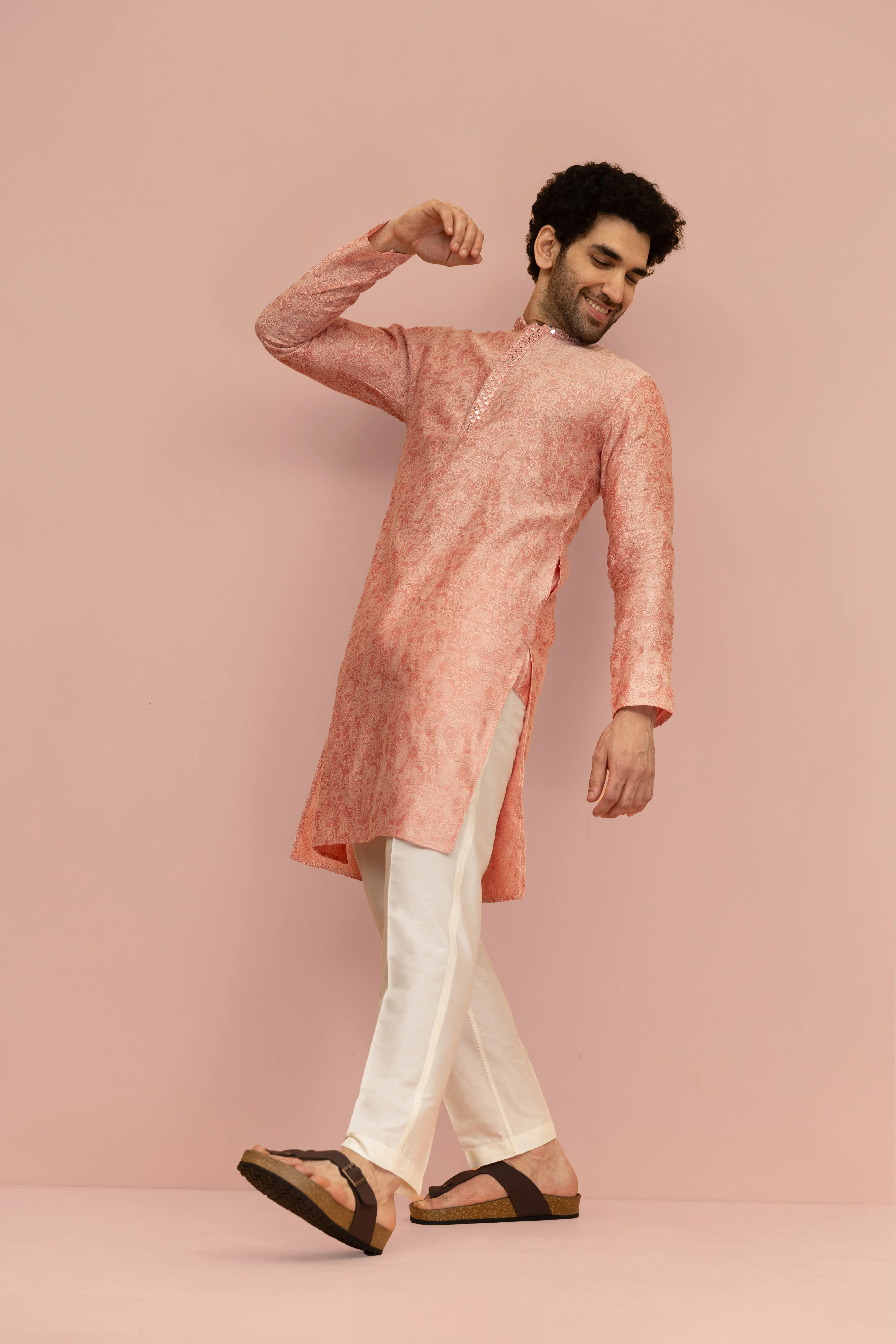 Men Pink Floral Mirror work Kurta Trouser Set - Image 3