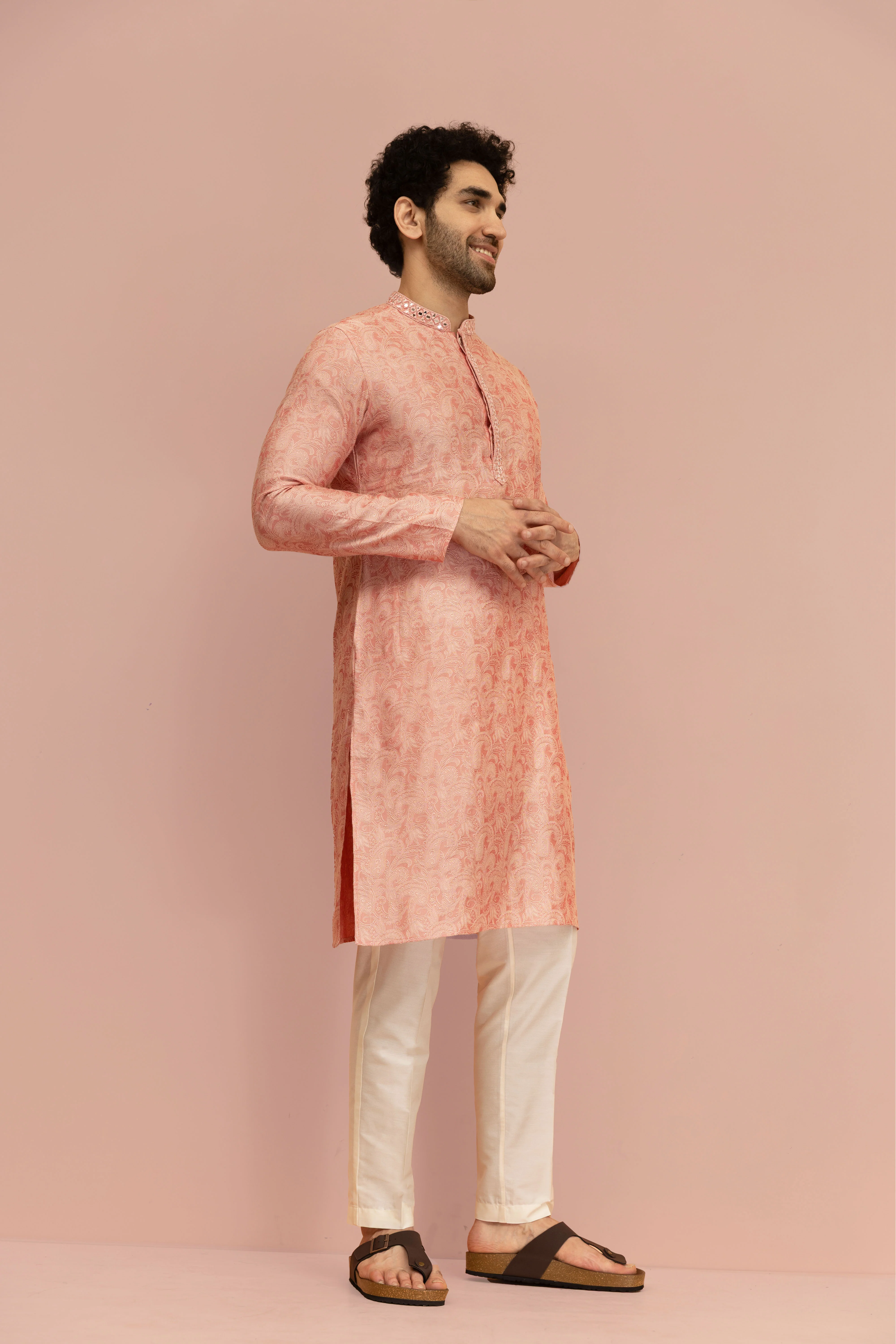 Men Pink Floral Mirror work Kurta Trouser Set - Image 4