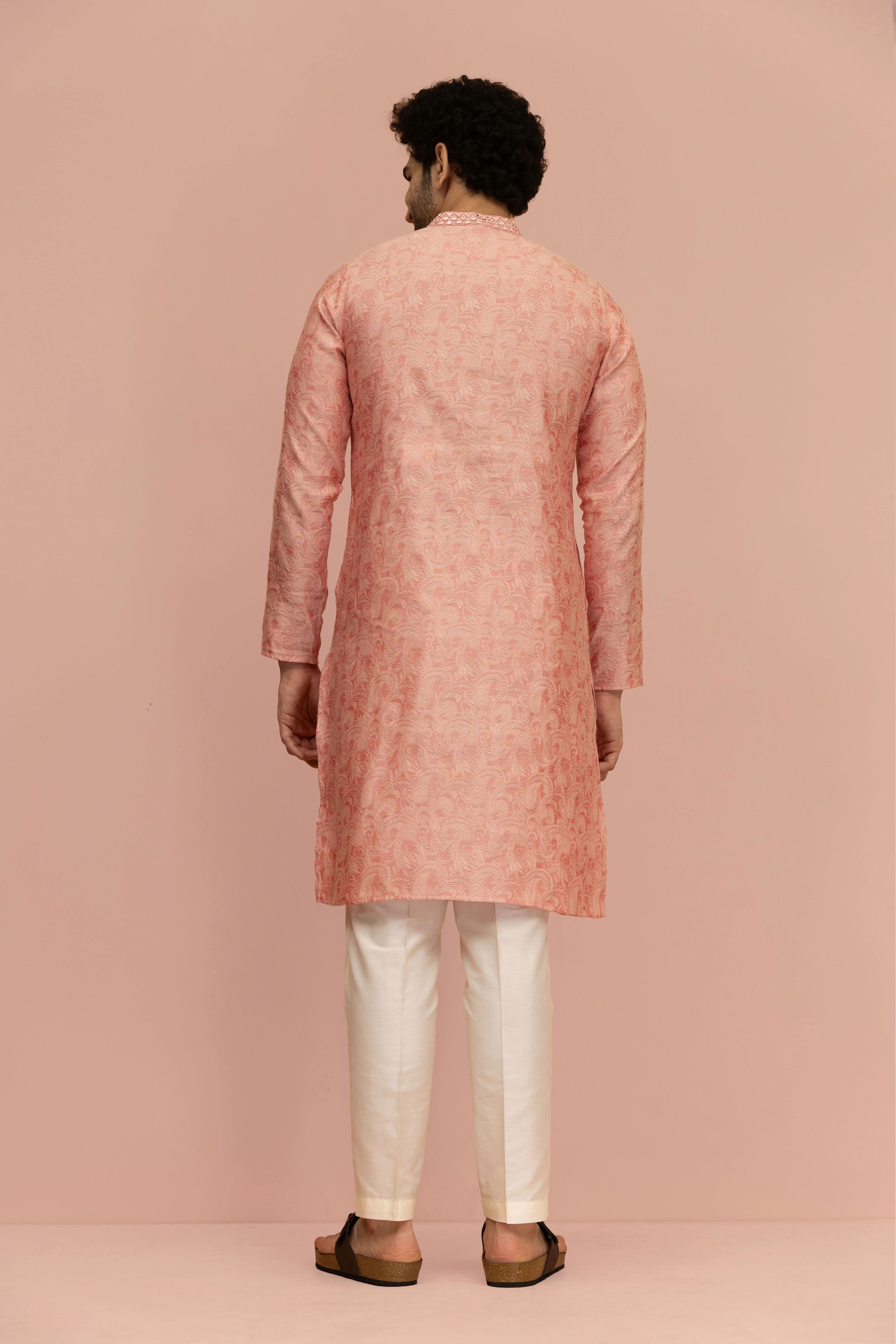 Men Pink Floral Mirror work Kurta Trouser Set - Image 5