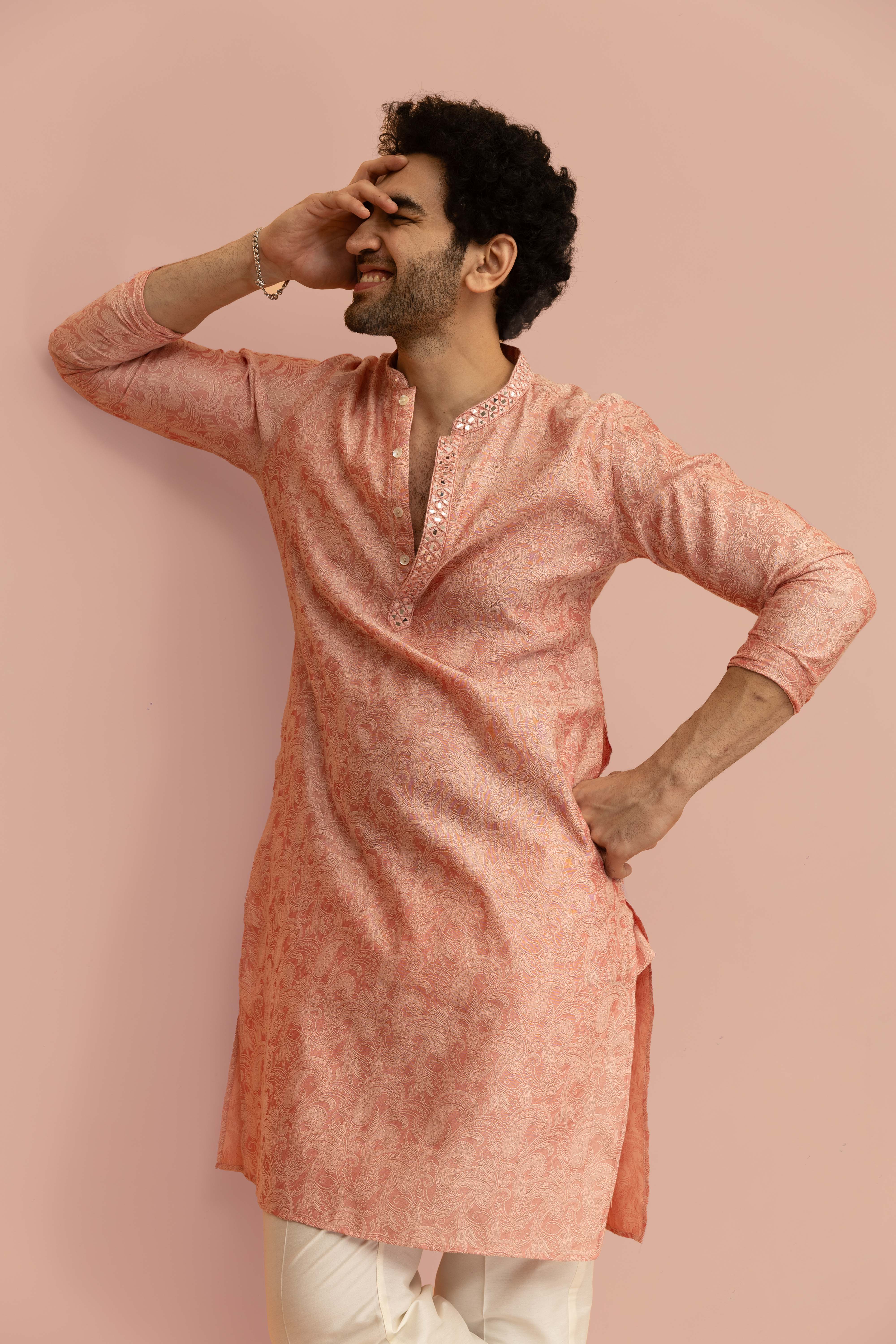 Men Pink Floral Mirror work Kurta Trouser Set - Image 8