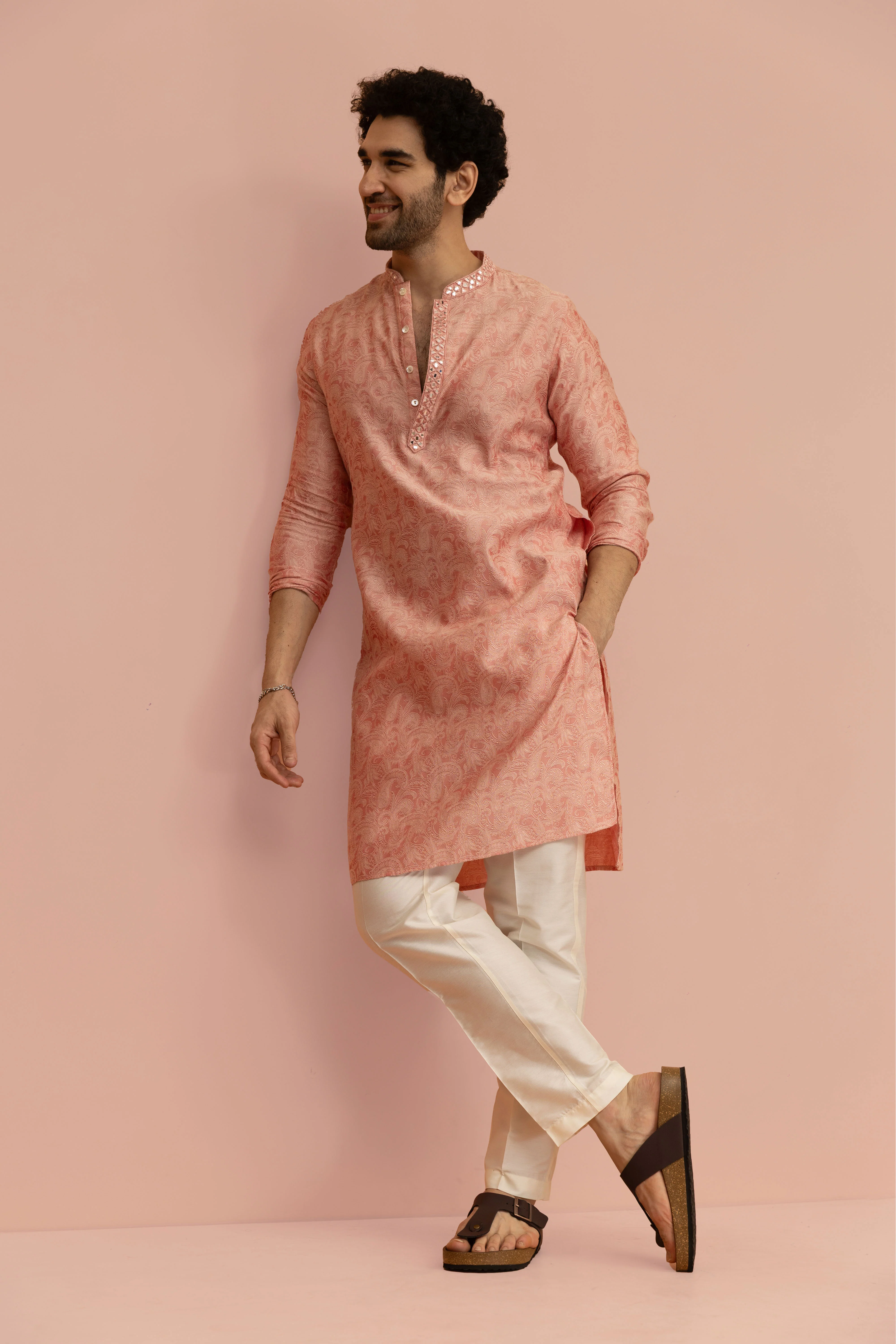 Men Pink Floral Mirror work Kurta Trouser Set - Image 9
