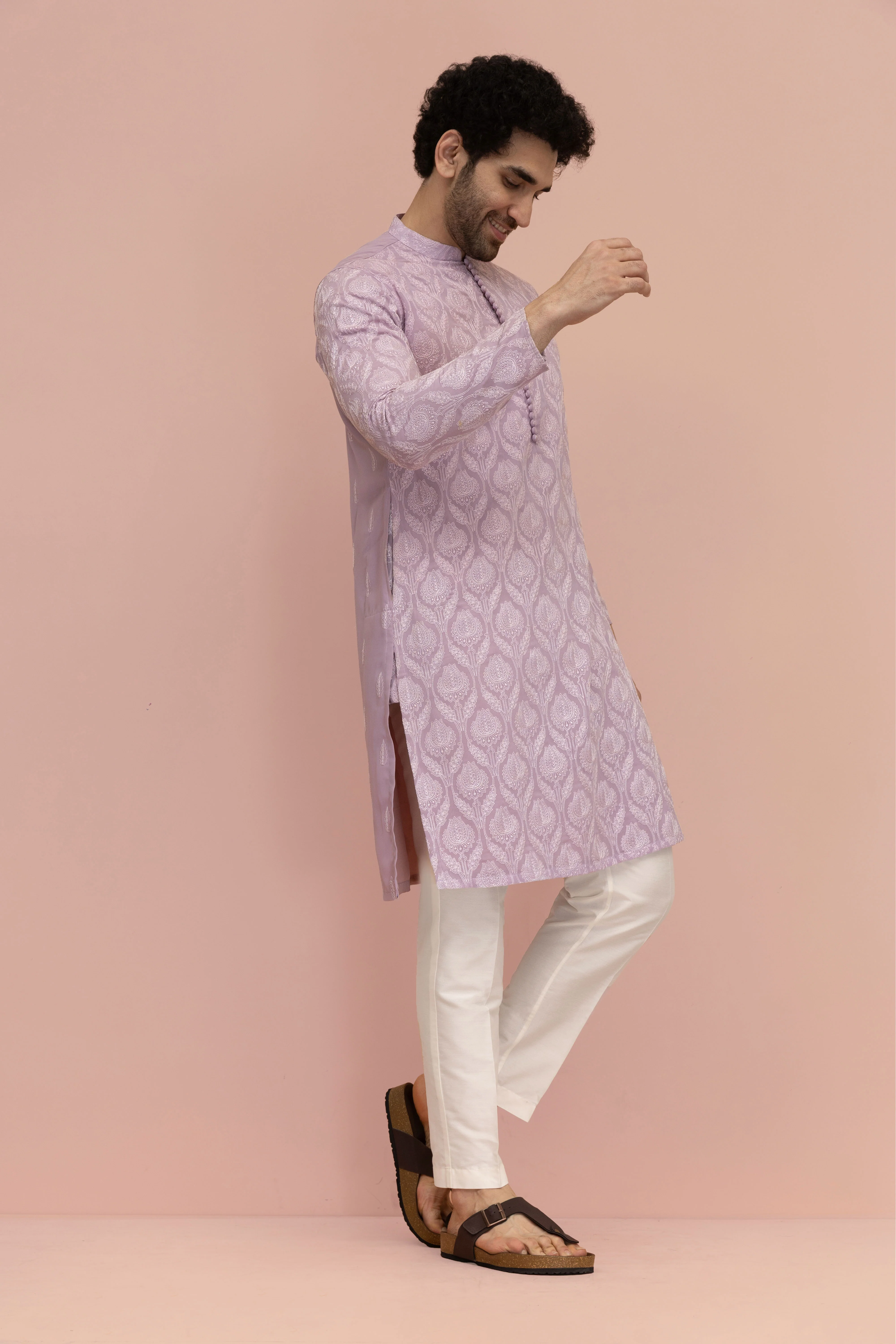 Men Lilac Embroidered Heavy Thread Work Kurta - Image 2
