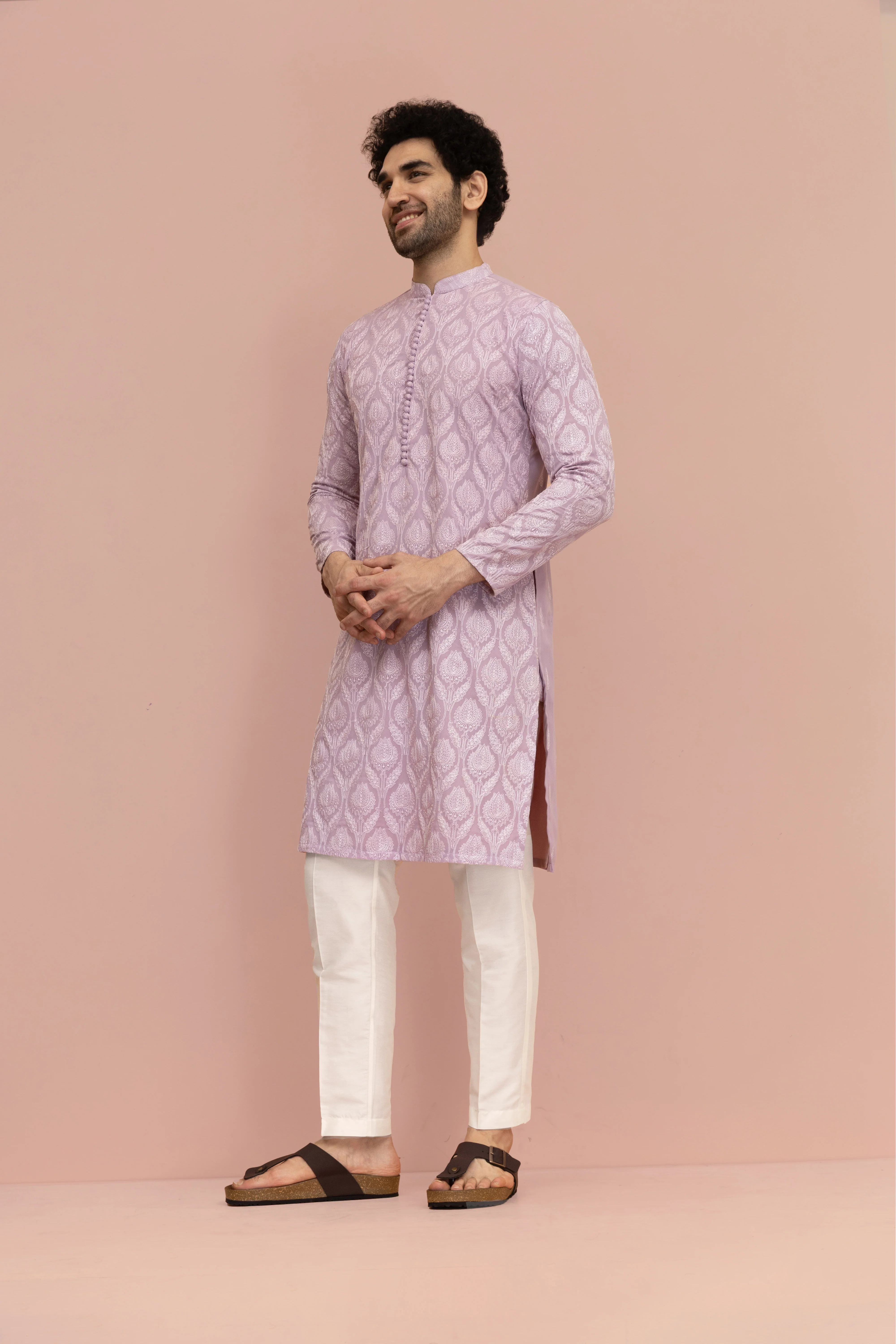 Men Lilac Embroidered Heavy Thread Work Kurta - Image 3