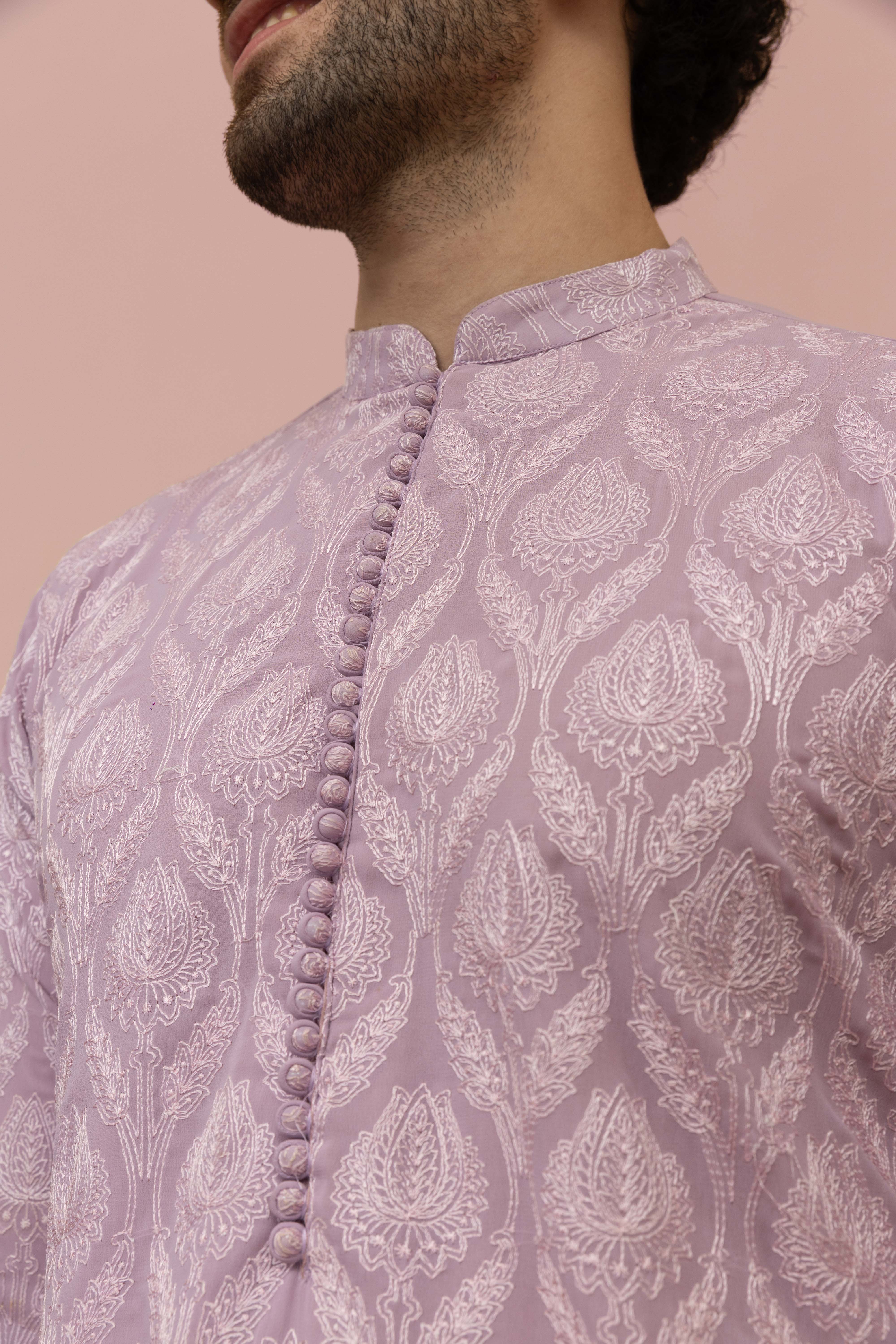 Men Lilac Embroidered Heavy Thread Work Kurta - Image 5