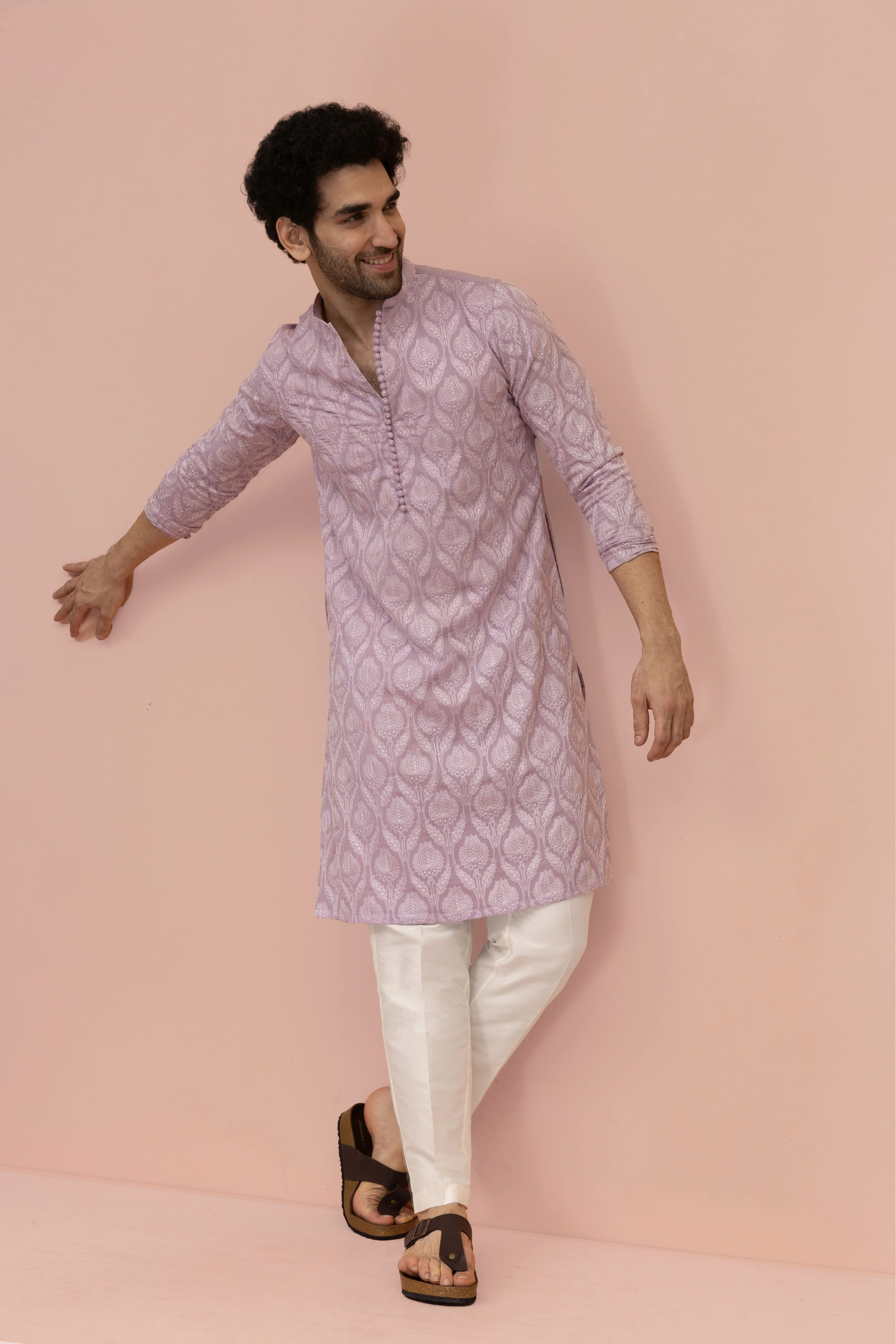 Men Lilac Embroidered Heavy Thread Work Kurta - Image 6
