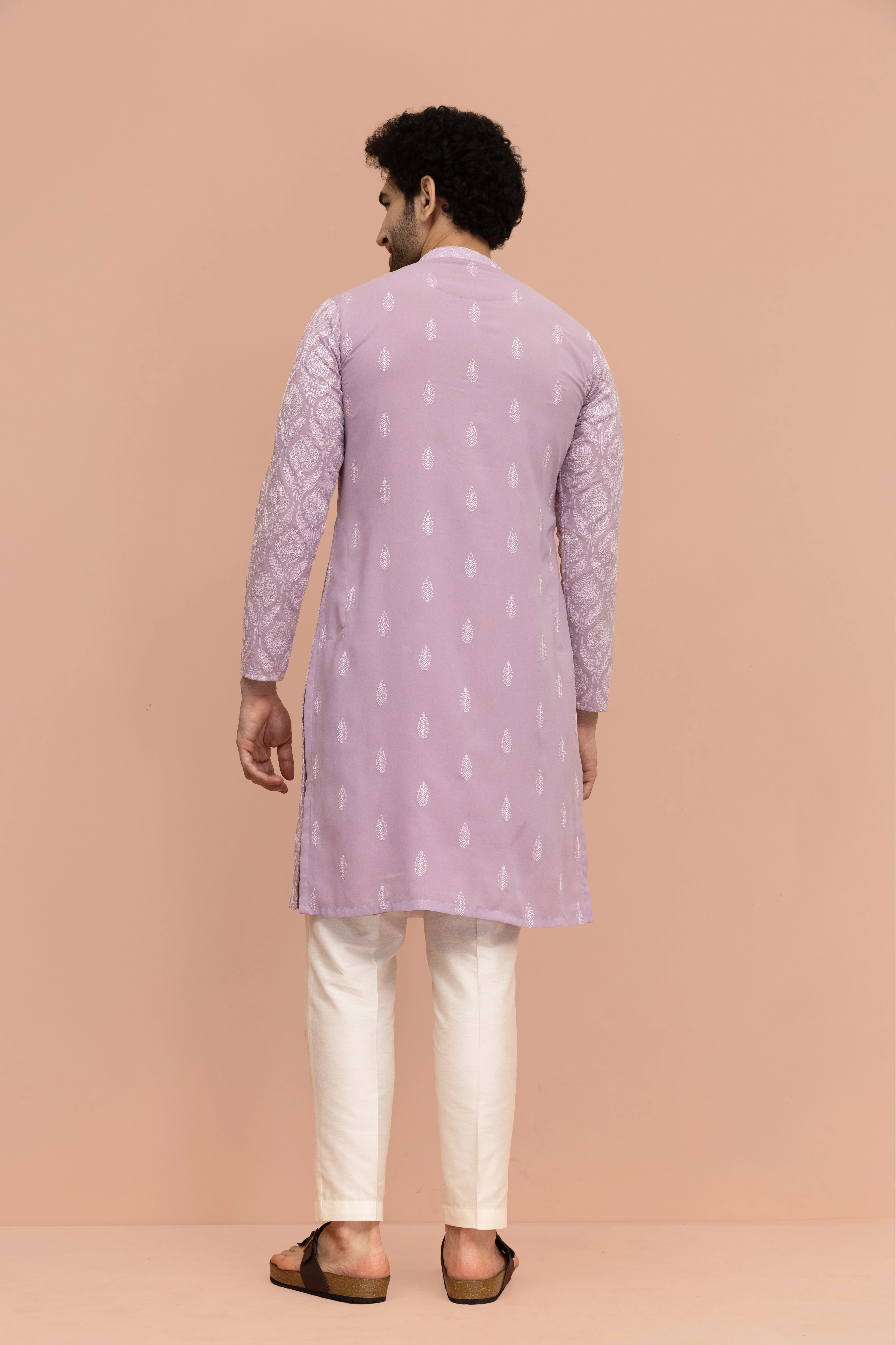 Men Lilac Embroidered Heavy Thread Work Kurta - Image 8