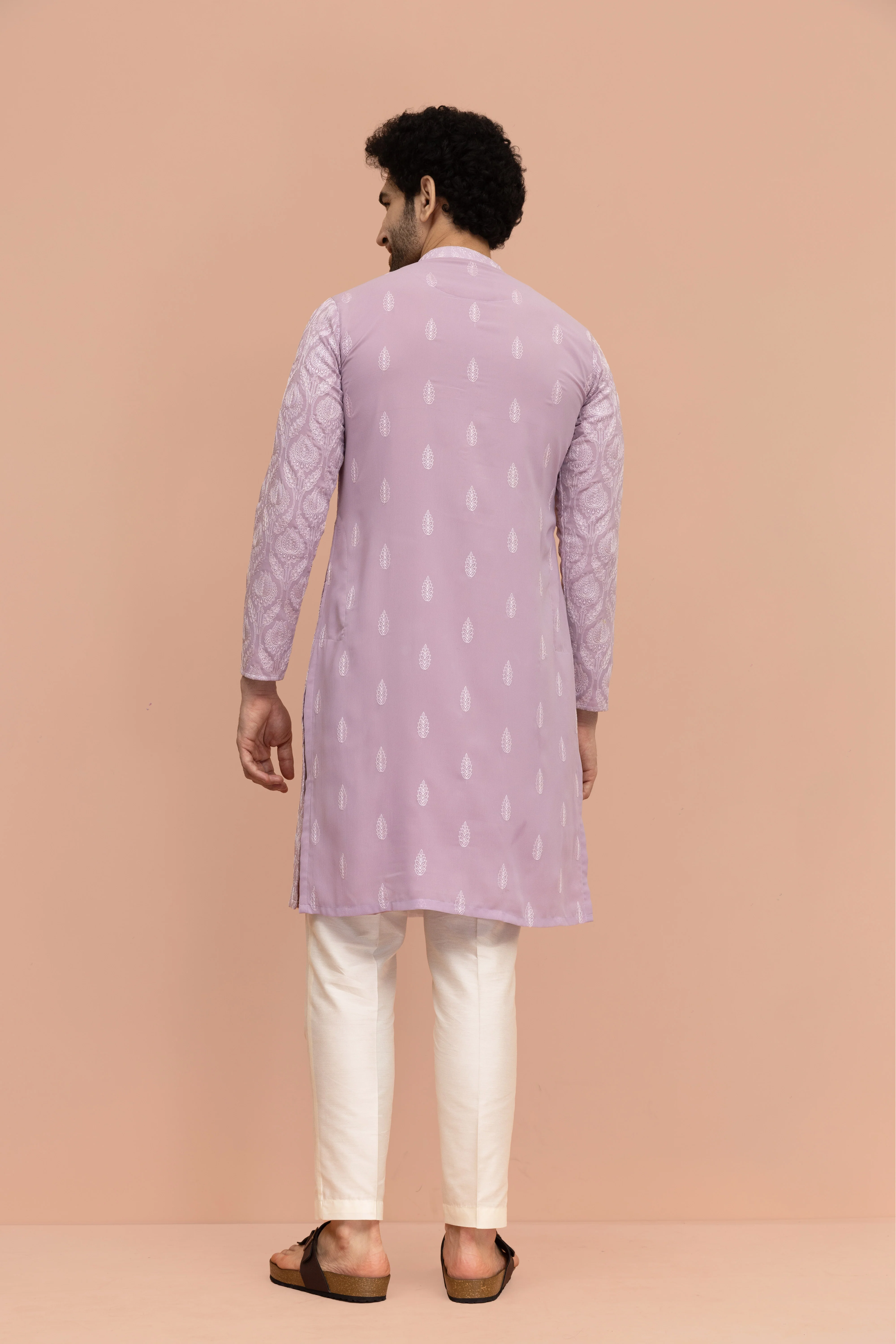 Men Lilac Embroidered Heavy Thread Work Kurta Trouser Set - Image 4