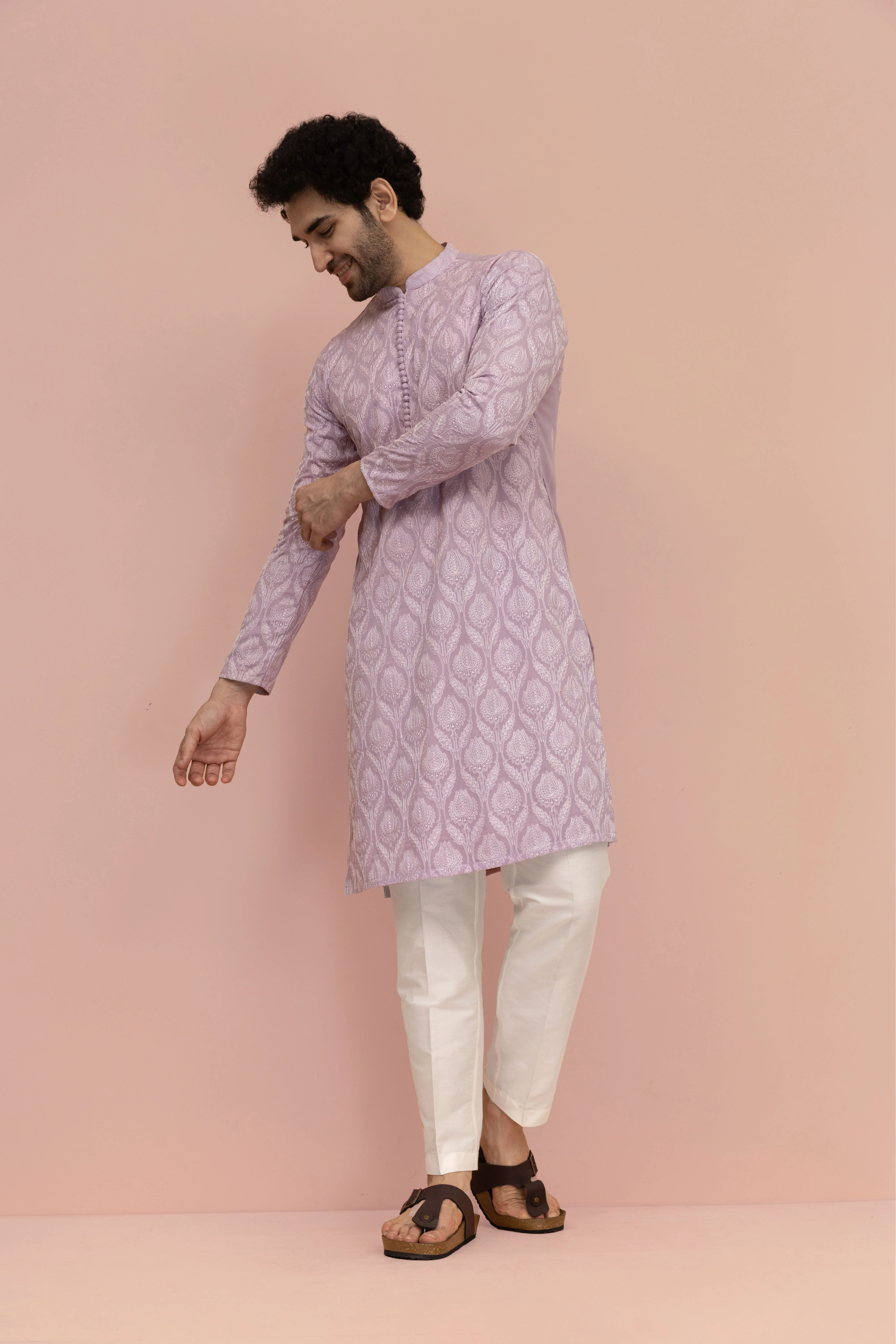 Men Lilac Embroidered Heavy Thread Work Kurta Trouser Set - Image 7