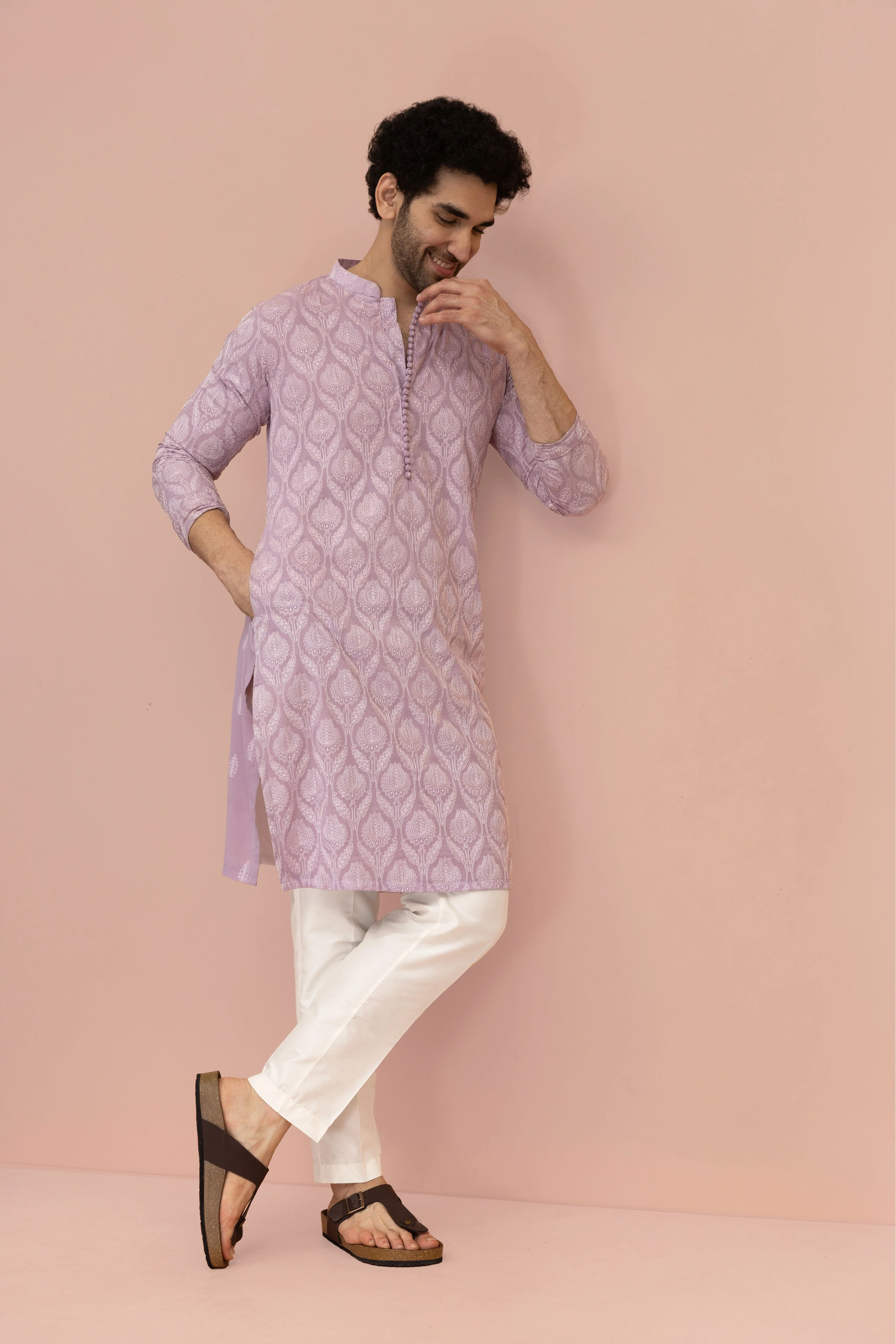 Men Lilac Embroidered Heavy Thread Work Kurta Trouser Set - Image 8