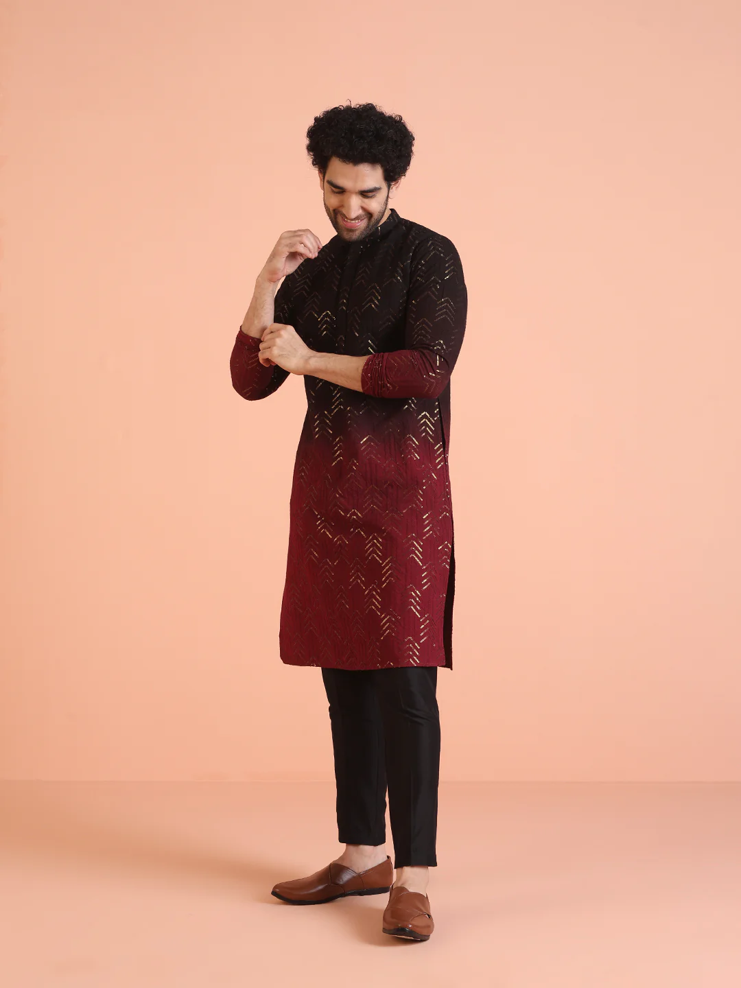 Men Ombre Embellished Sequinned Kurta Trouser Set - Image 3