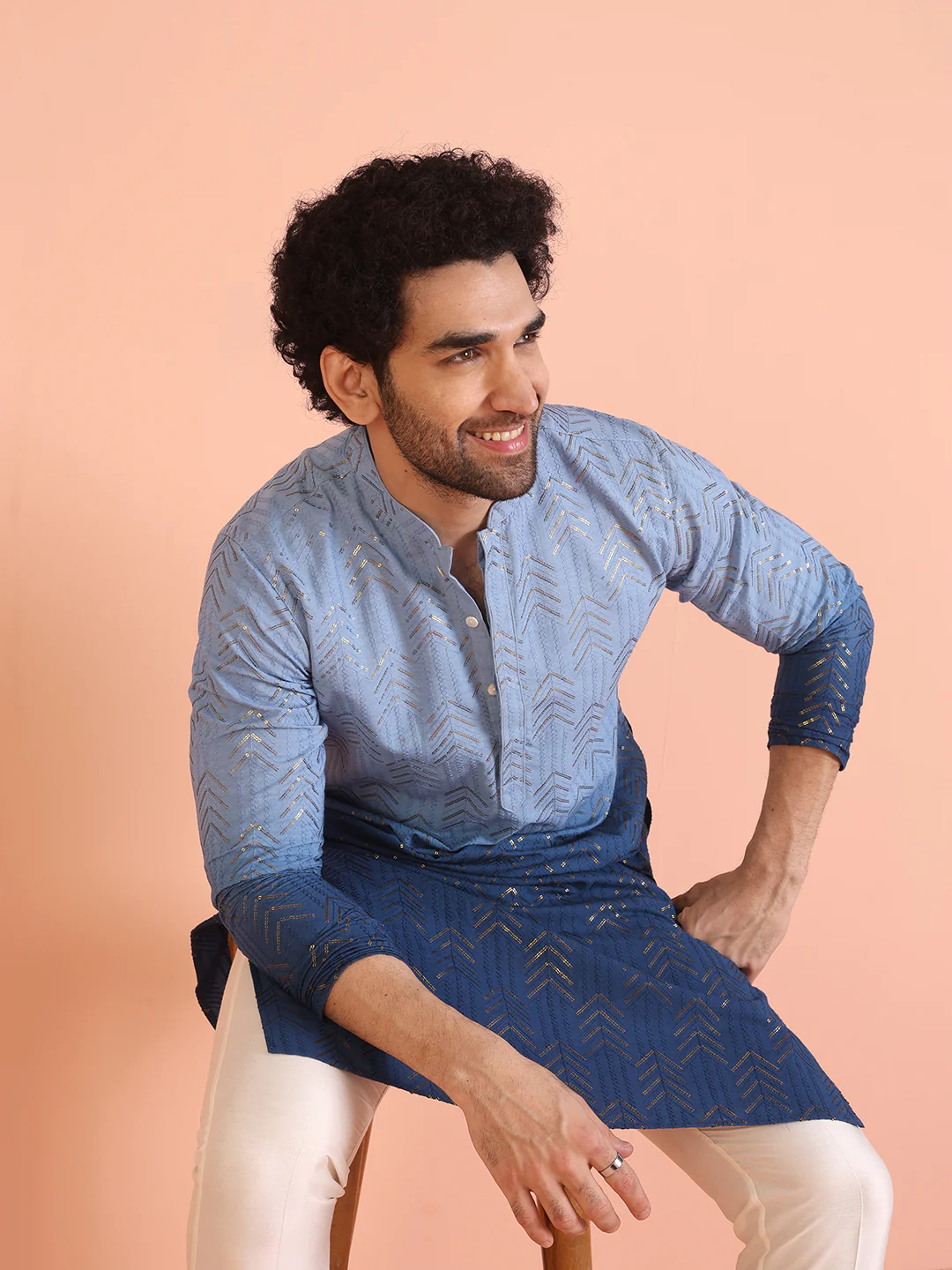 Blue Ombre Foil Printed Kurta - Image 6