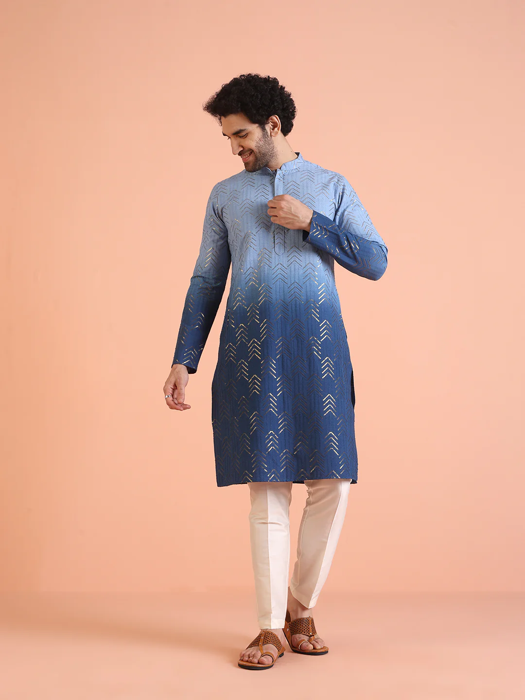 Blue Ombre Foil Printed Kurta - Image 7