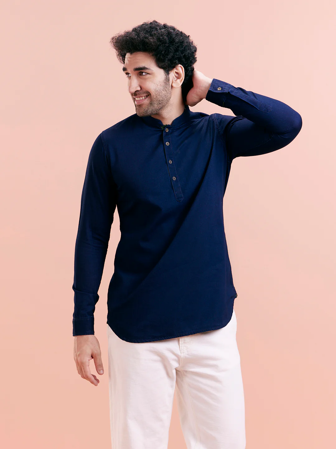Navy Blue Denim Solid Short Kurta - Image 8