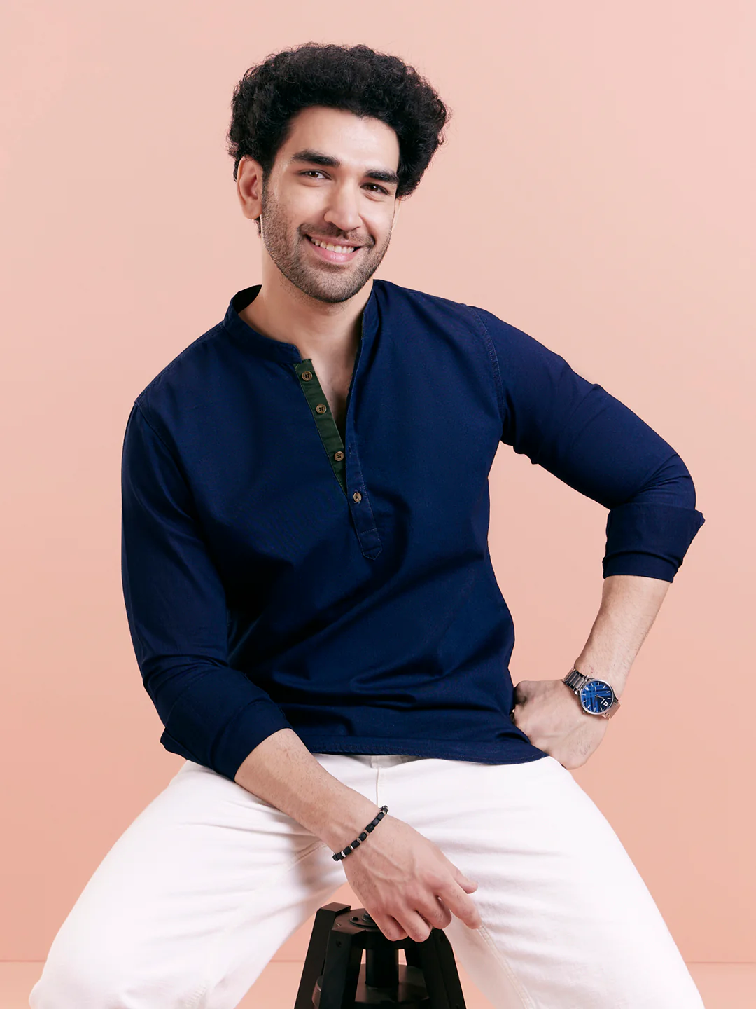 Navy Blue Denim Solid Short Kurta - Image 9