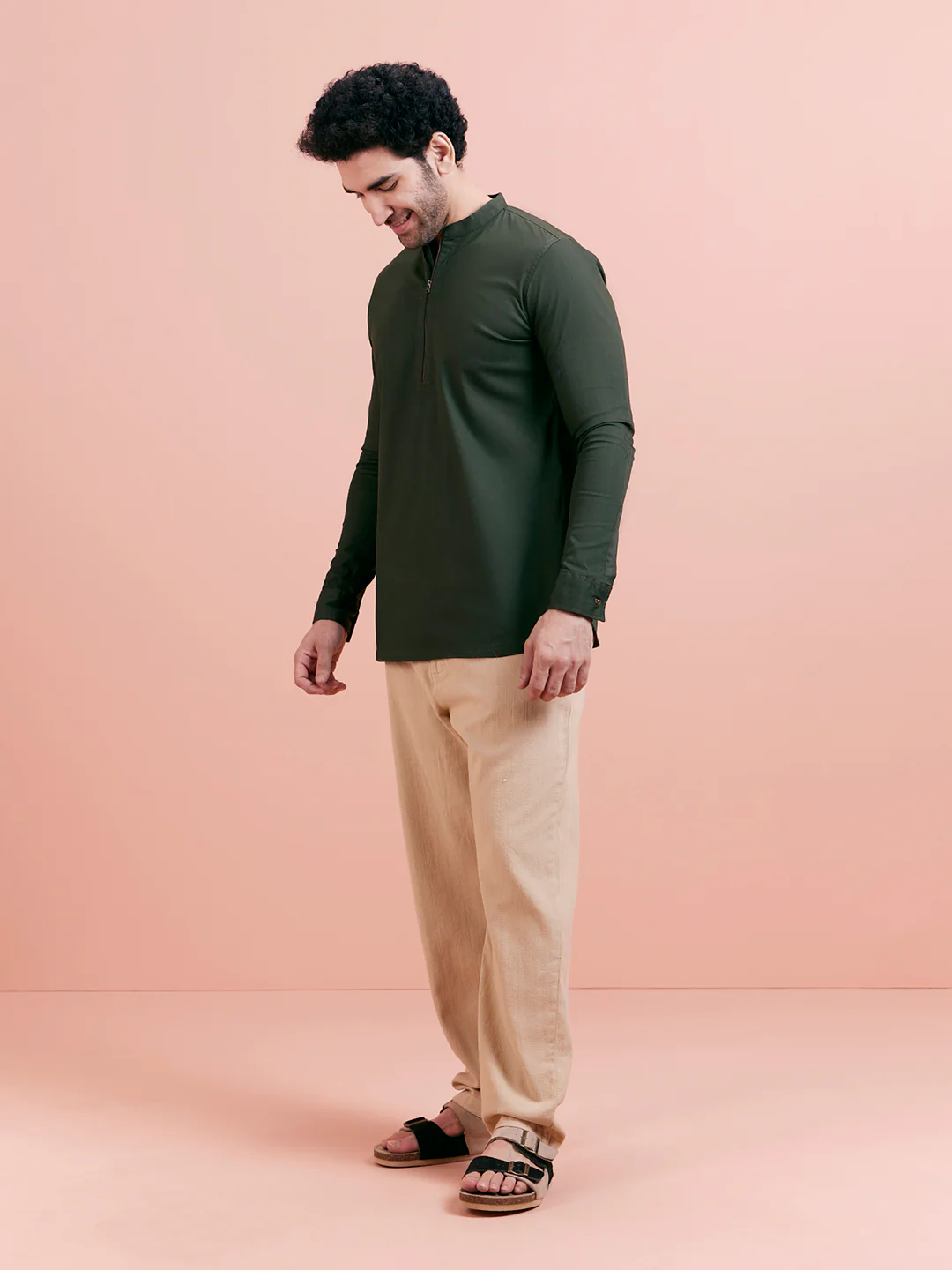 Olive Green Denim Short Kurta - Image 3