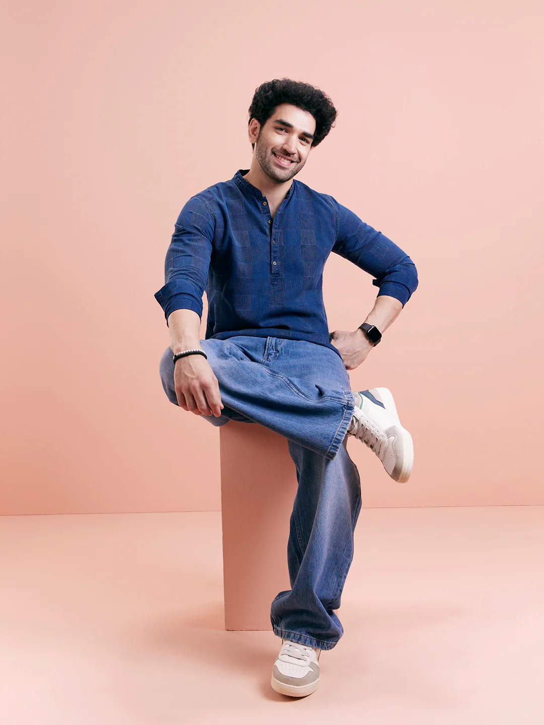 Indigo Blue Textured Denim Short Kurta - Image 2