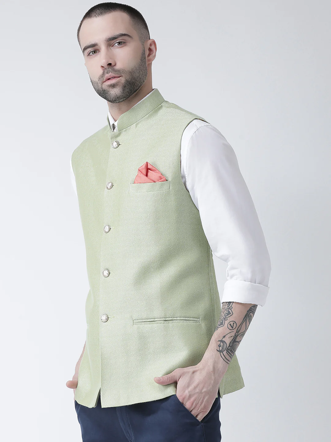 Men's Light Green Nehru Jacket - Image 2