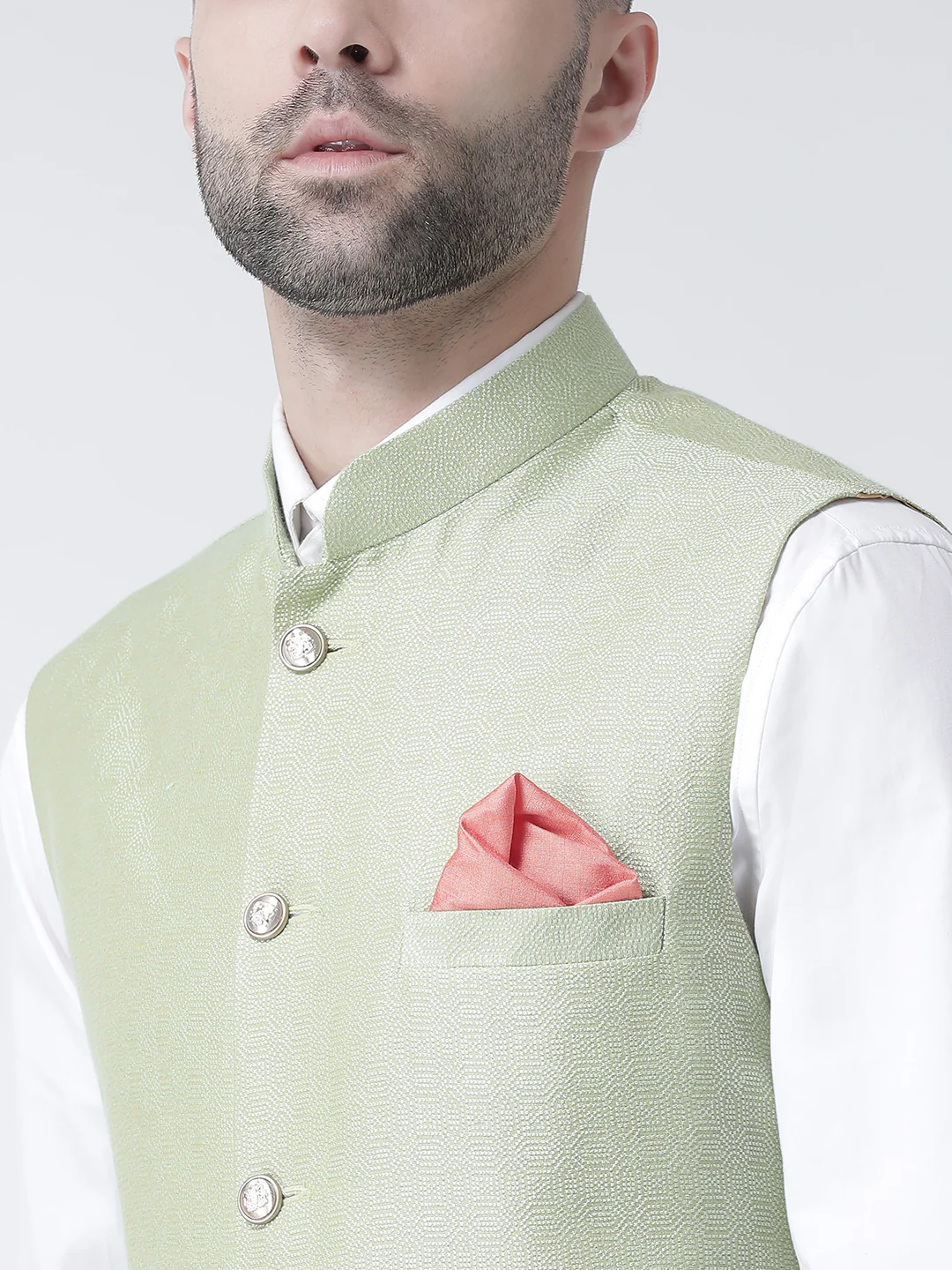 Men's Light Green Nehru Jacket - Image 4