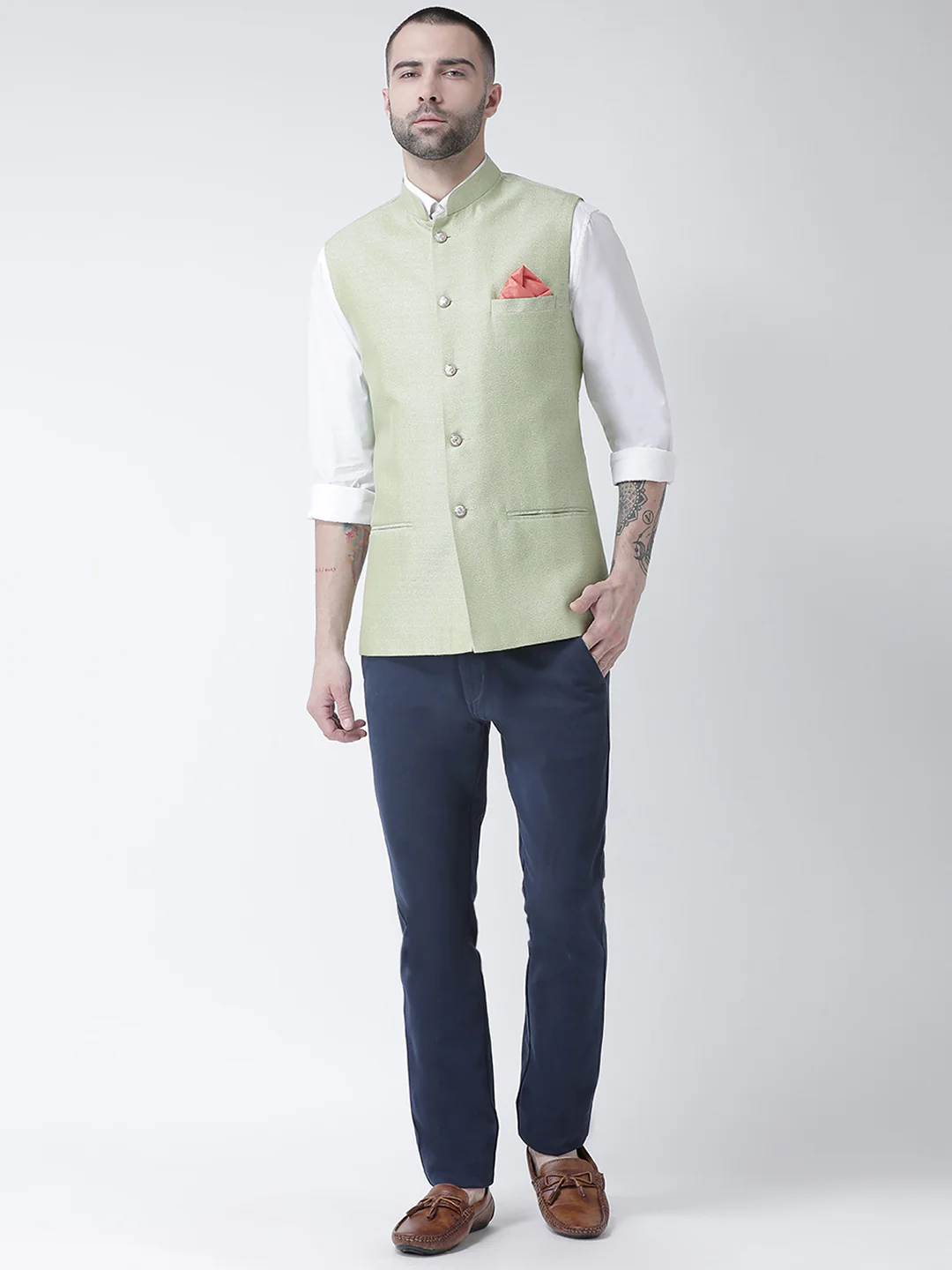 Men's Light Green Nehru Jacket - Image 5