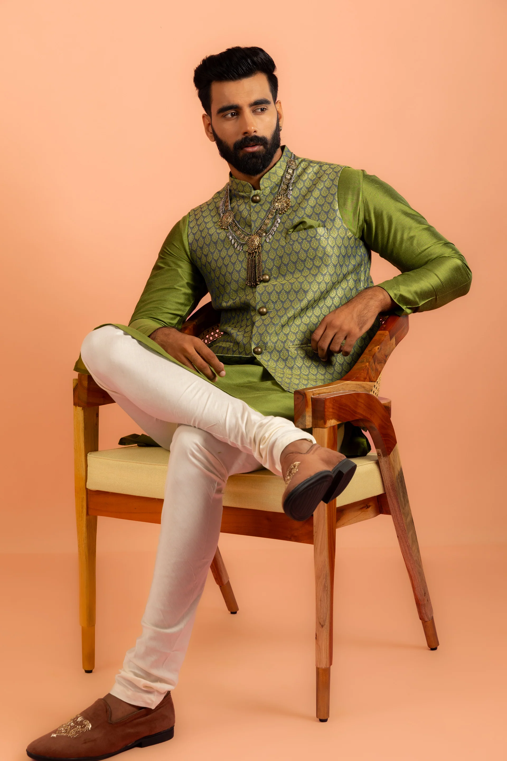Green Silk Blend Jacquard Nehru Jacket - Image 6
