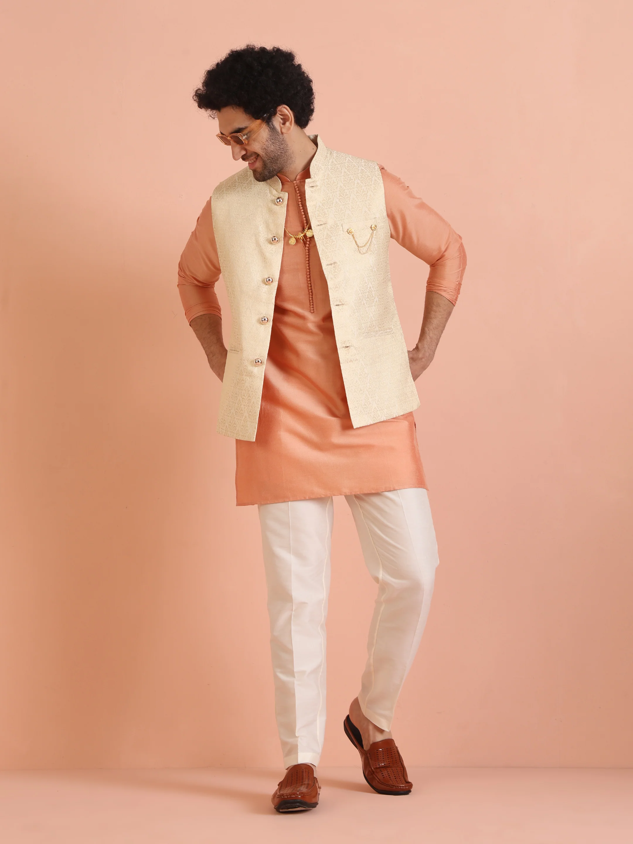 Cream Silk Blend Jacquard Nehru Jacket - Image 2