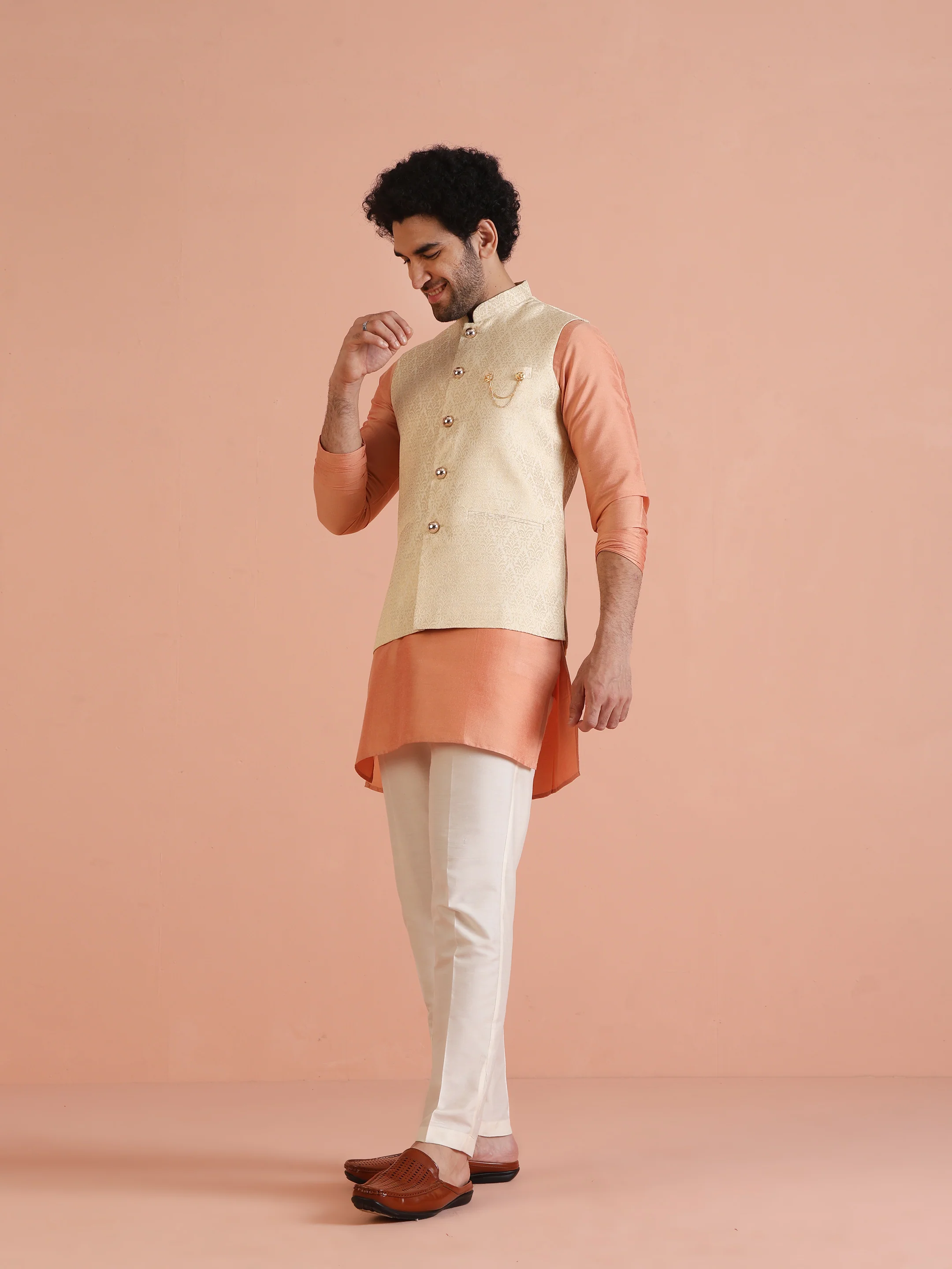 Cream Silk Blend Jacquard Nehru Jacket - Image 3