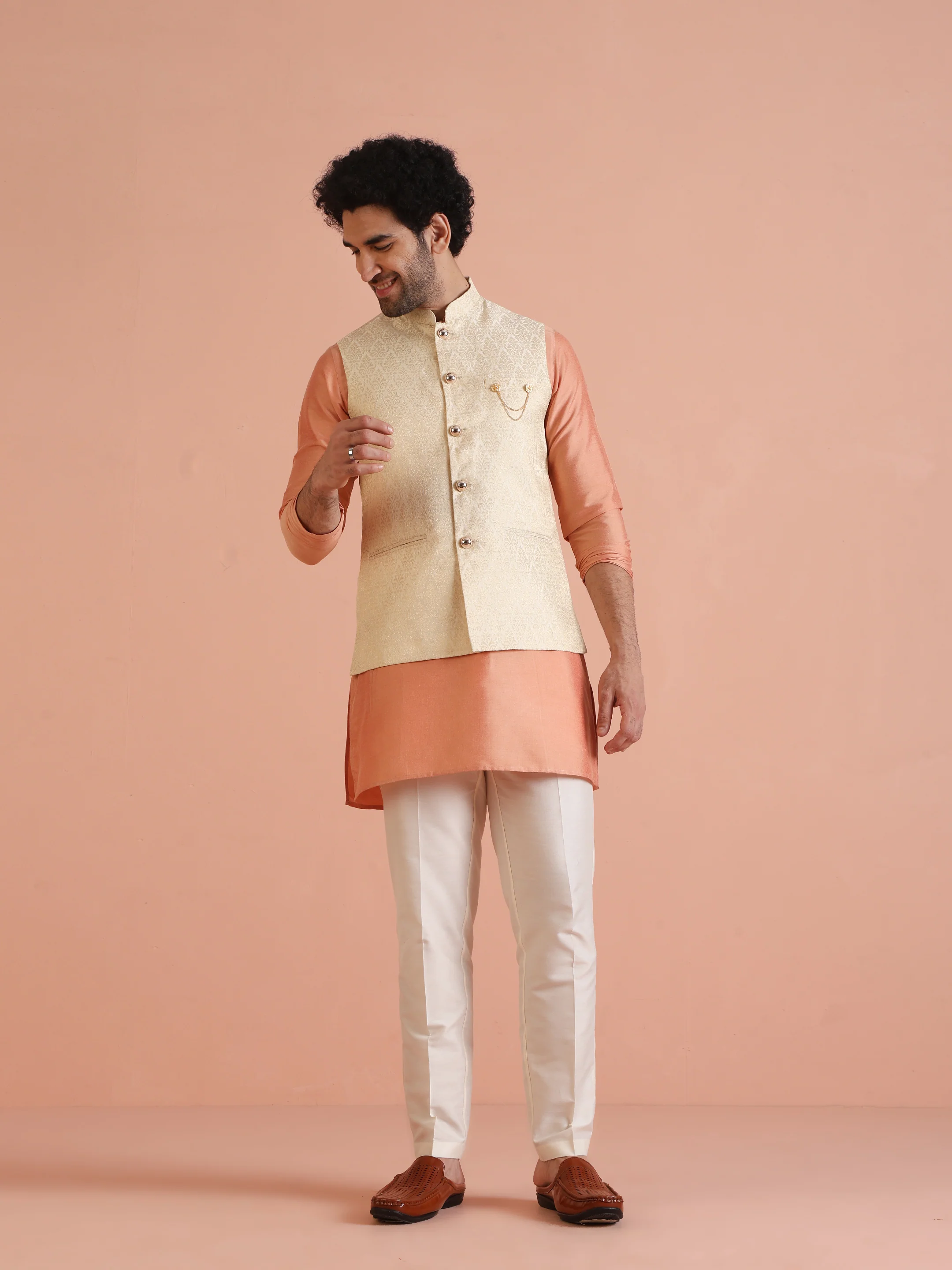 Cream Silk Blend Jacquard Nehru Jacket - Image 7