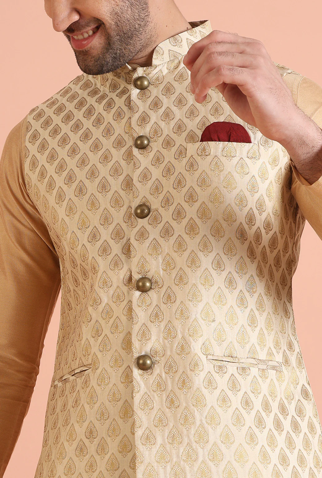 Cream Silk Blend Golden Jacquard Nehru Jacket - Image 2
