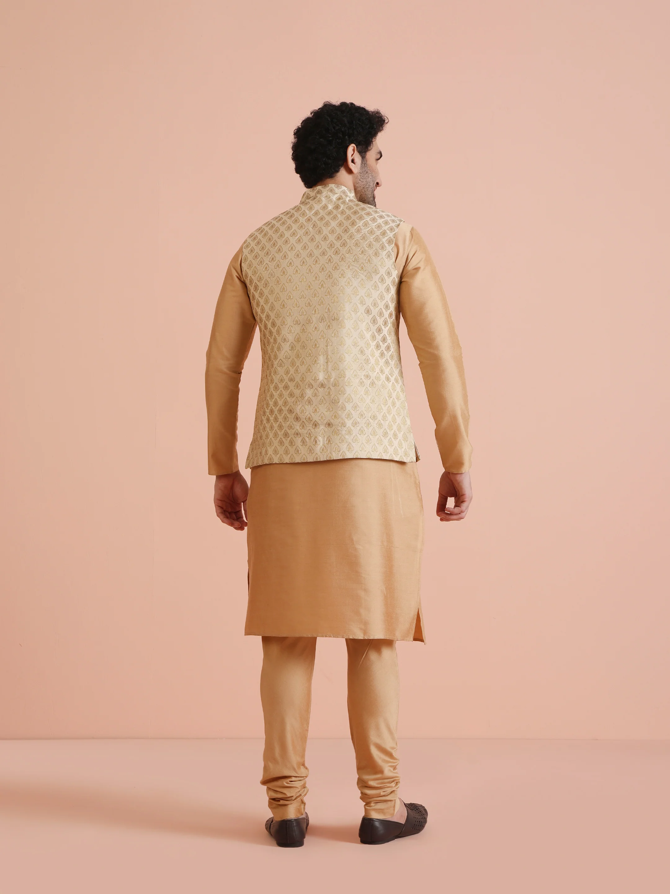 Cream Silk Blend Golden Jacquard Nehru Jacket - Image 5