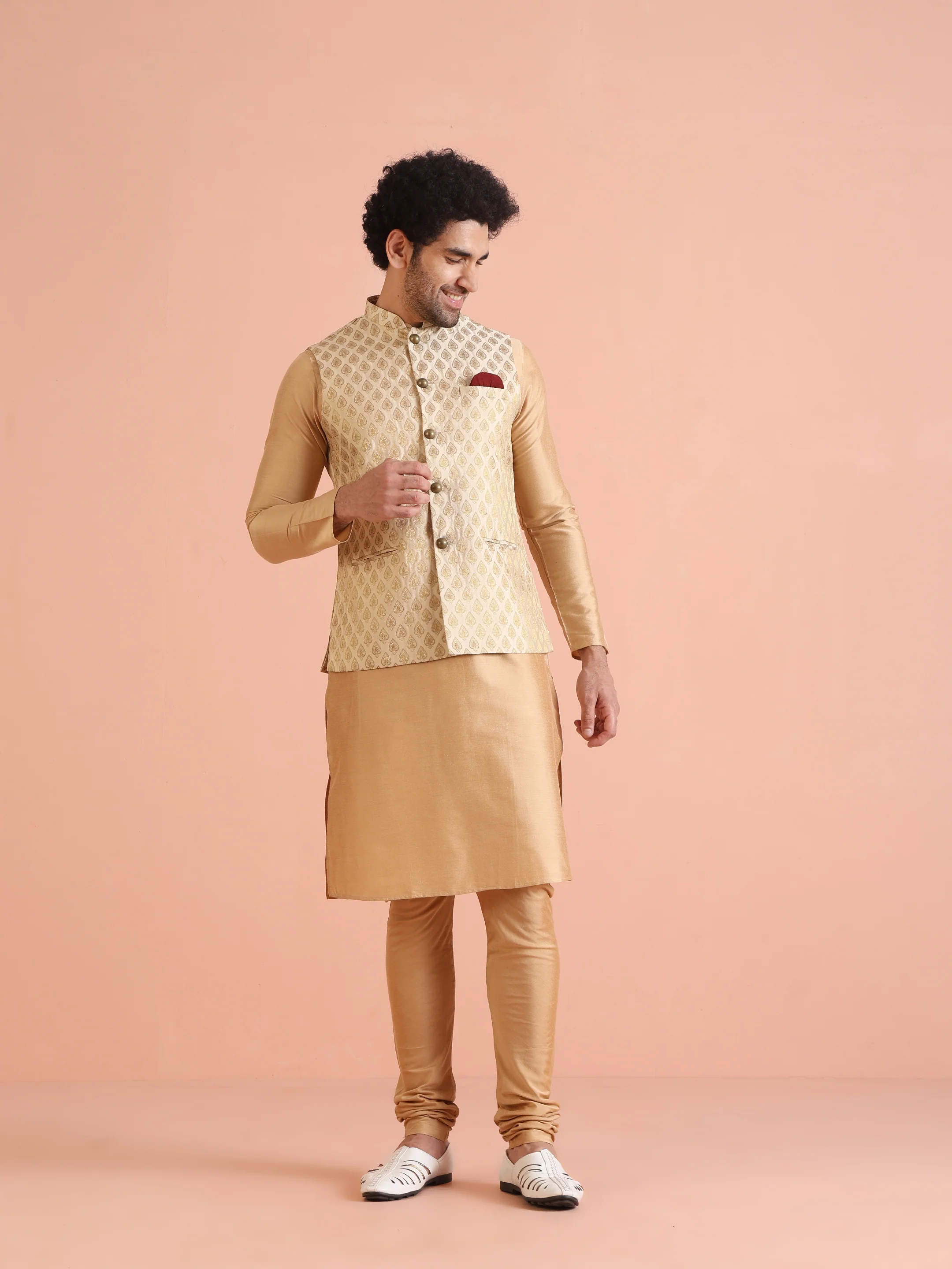 Cream Silk Blend Golden Jacquard Nehru Jacket - Image 6