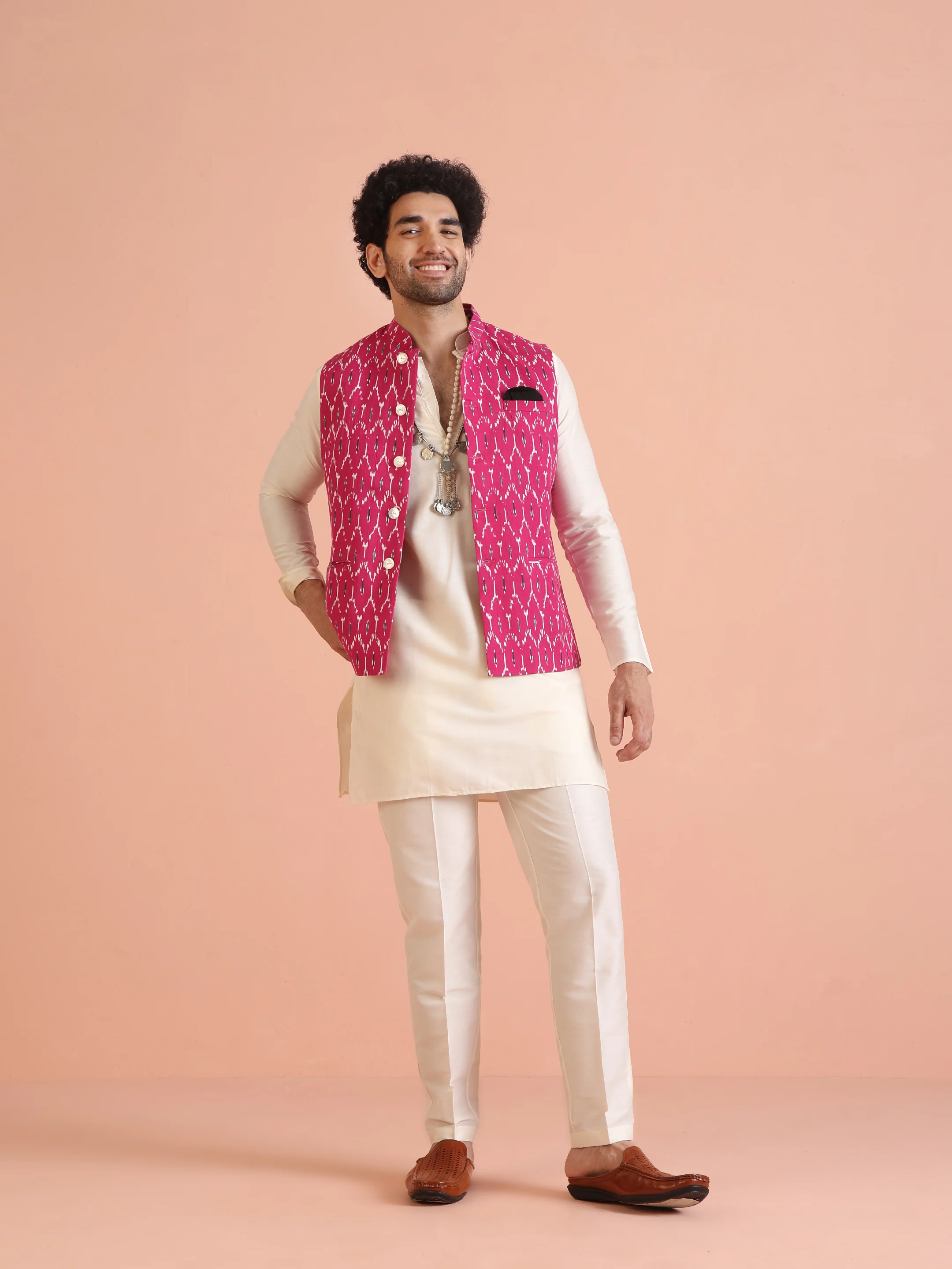 Pink Cotton Silk Ikat Printed Nehru Jacket - Image 3
