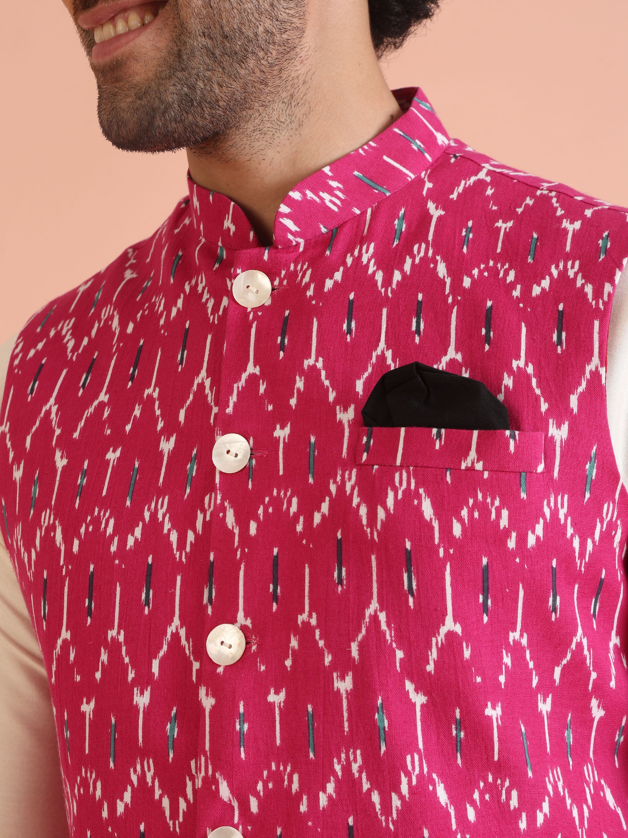 Pink Cotton Silk Ikat Printed Nehru Jacket - Image 6