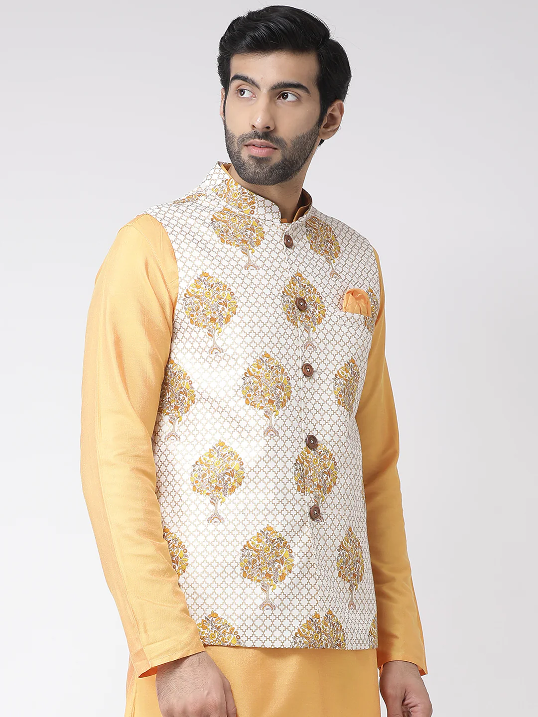 Men Yellow Printed Nehru Jacket - Image 2