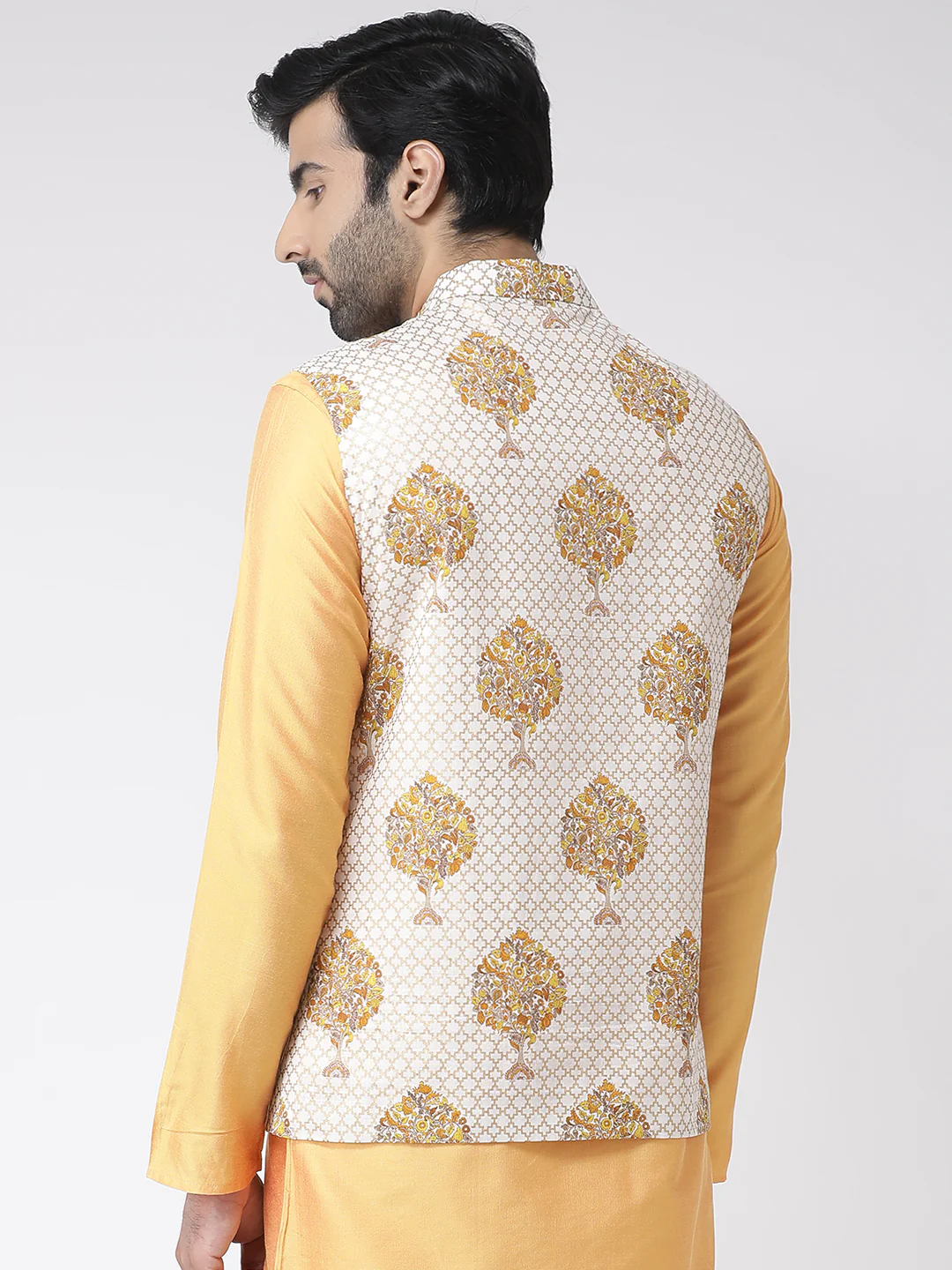 Men Yellow Printed Nehru Jacket - Image 3