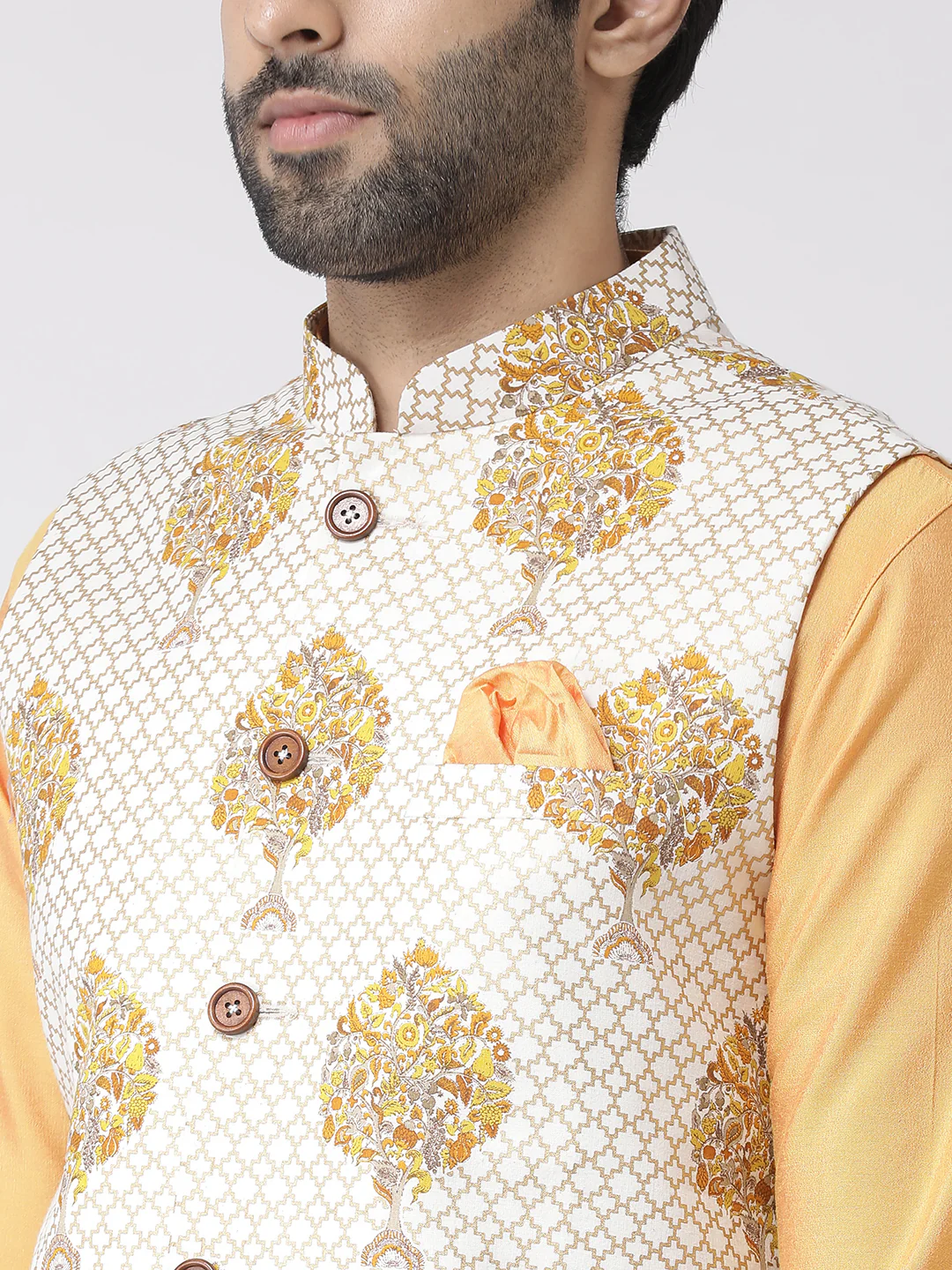 Men Yellow Printed Nehru Jacket - Image 4