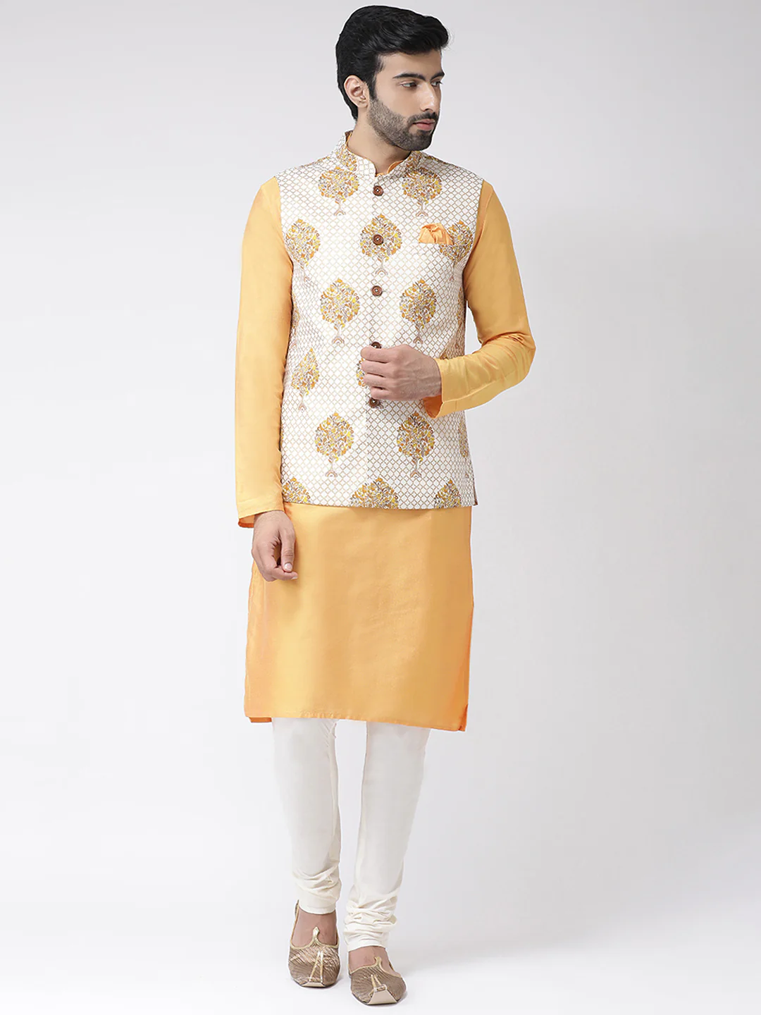 Men Yellow Printed Nehru Jacket - Image 5
