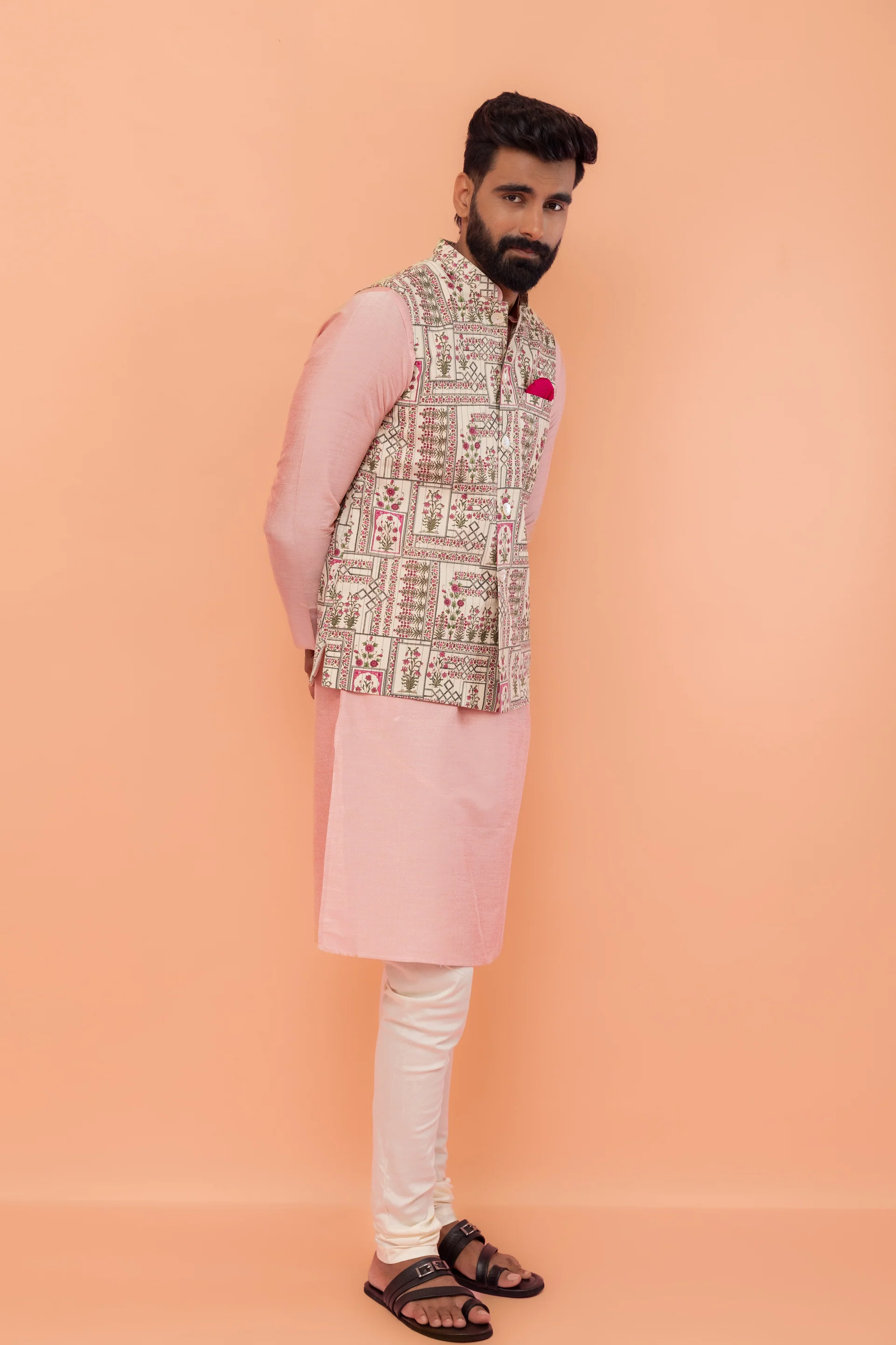 Beige Cotton Floral Printed Nehru Jacket - Image 4