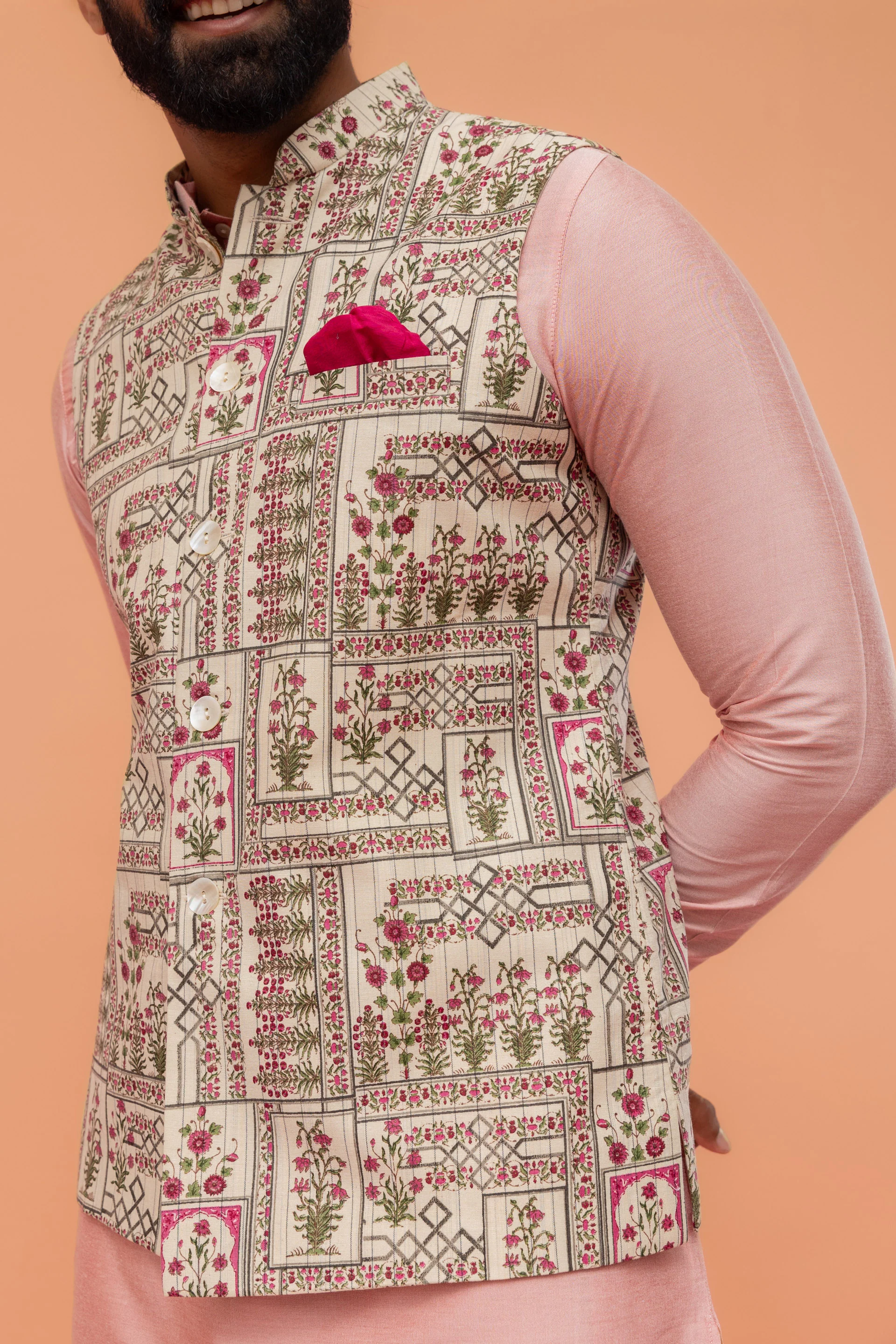 Beige Cotton Floral Printed Nehru Jacket - Image 6
