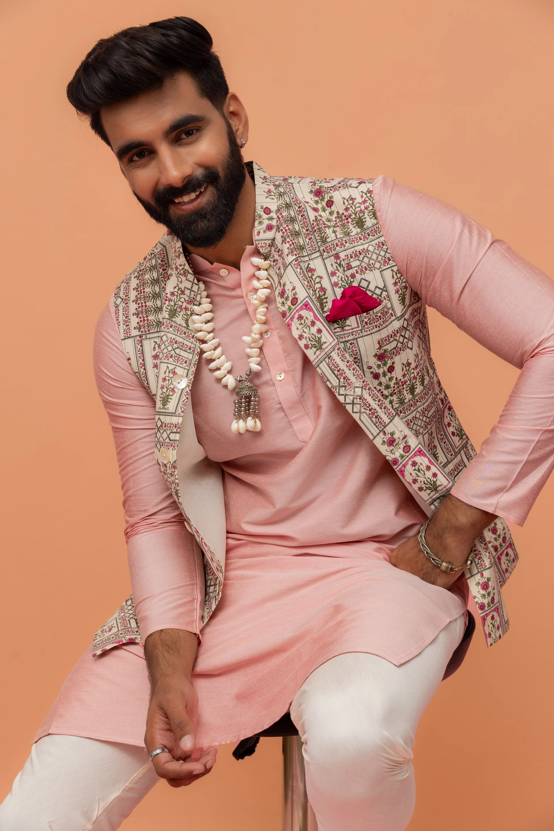 Beige Cotton Floral Printed Nehru Jacket - Image 7