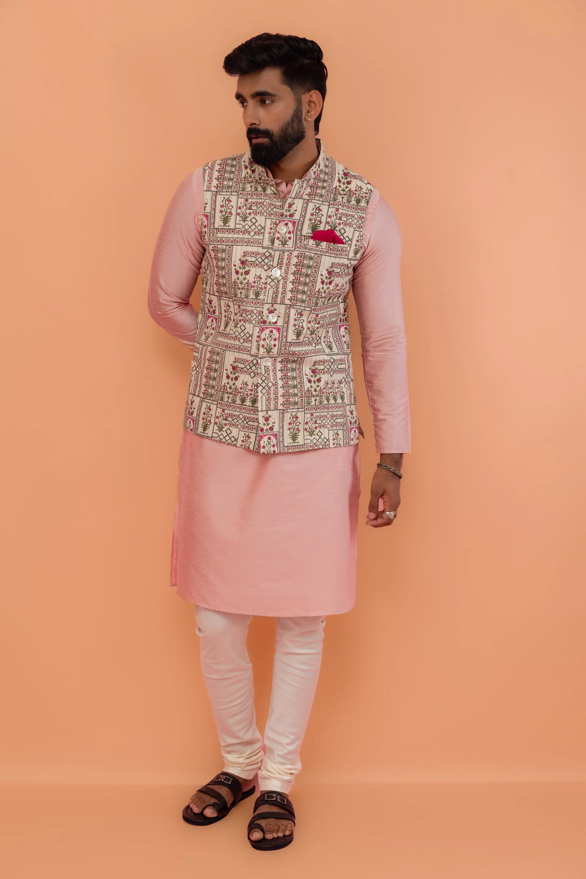 Beige Cotton Floral Printed Nehru Jacket - Image 8
