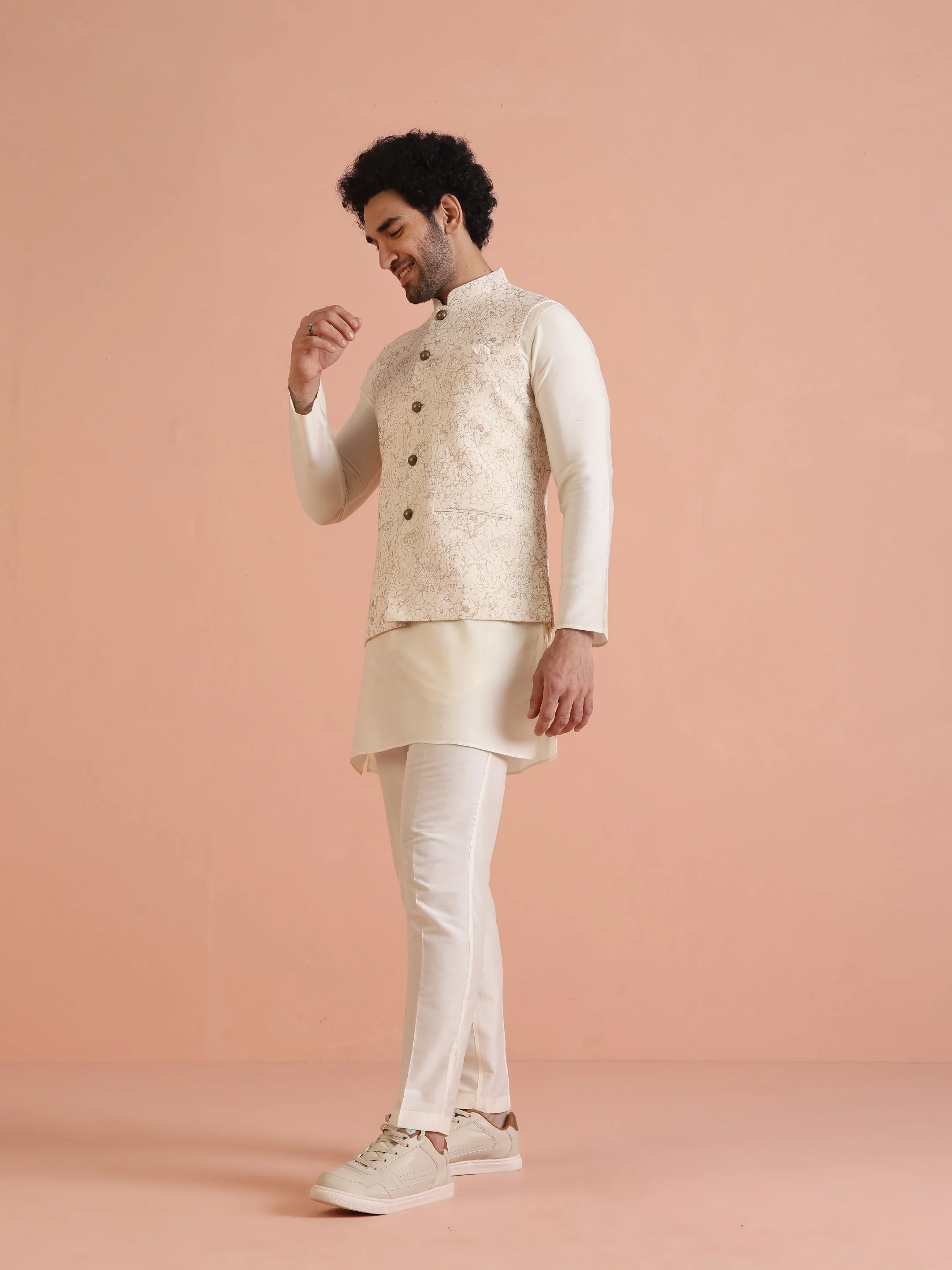 Cream Golden Floral Nehru Jacket - Image 10