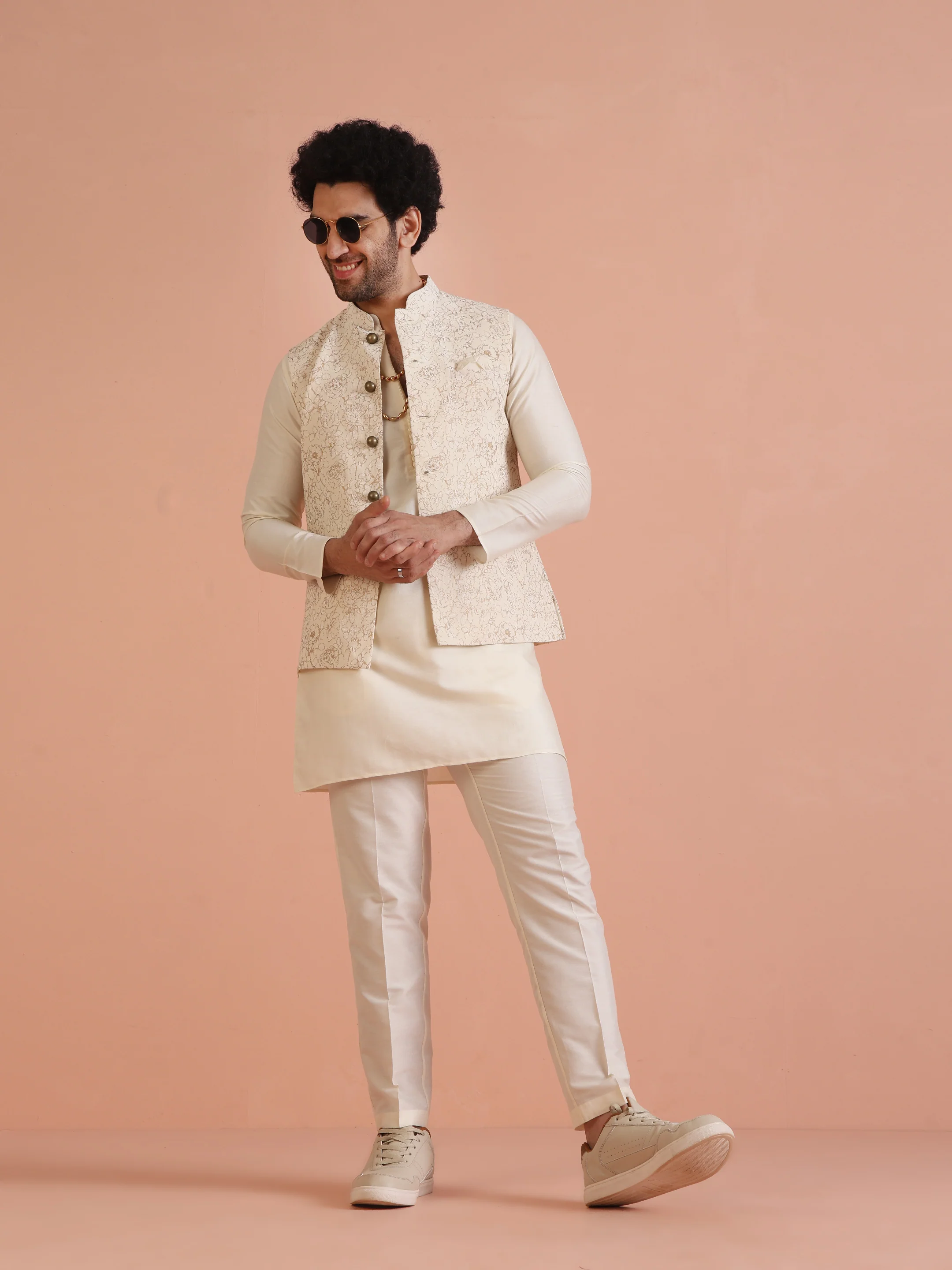 Cream Golden Floral Nehru Jacket - Image 2