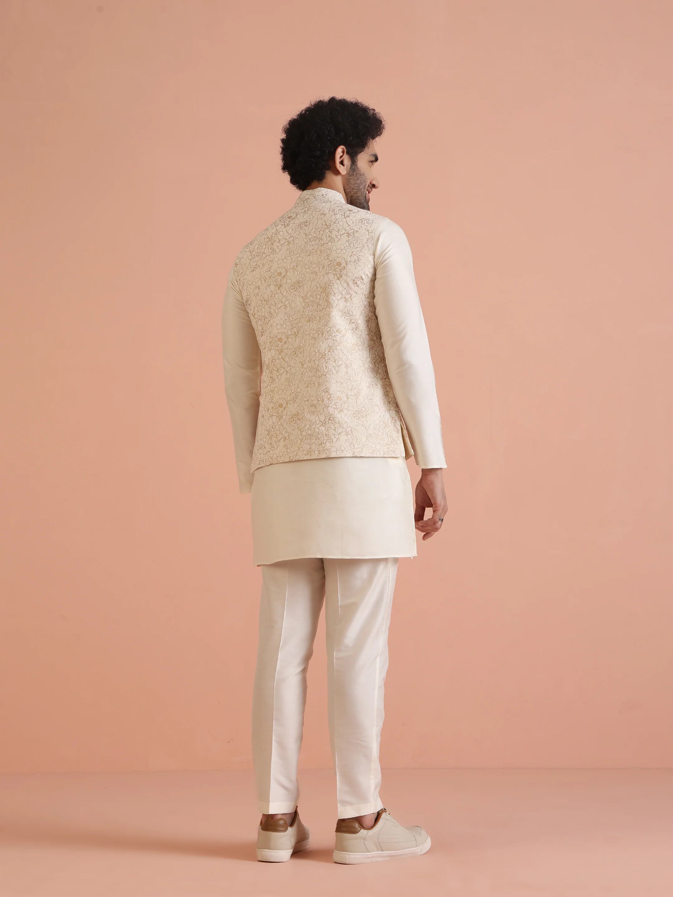 Cream Golden Floral Nehru Jacket - Image 5
