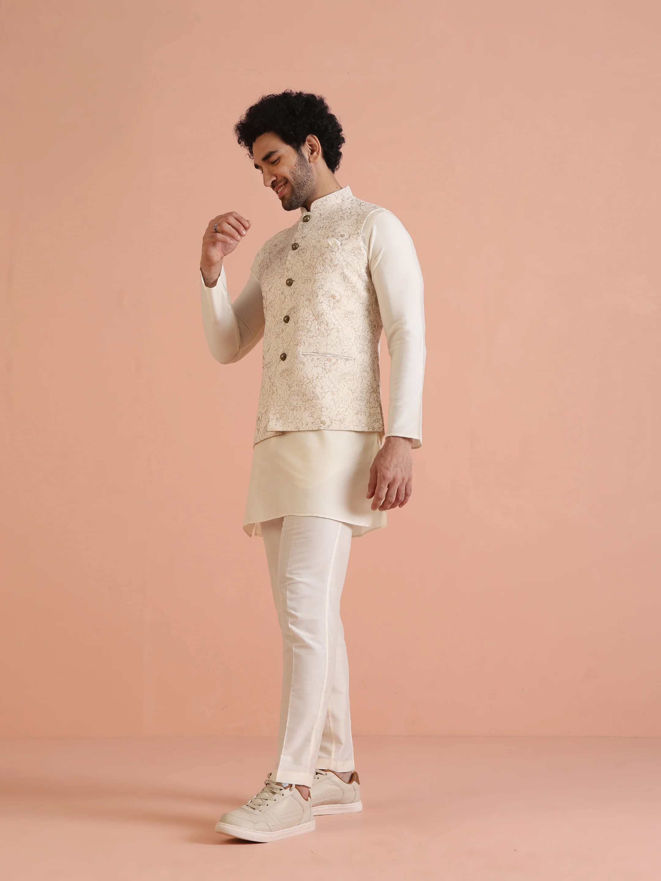 Cream Golden Floral Nehru Jacket - Image 6