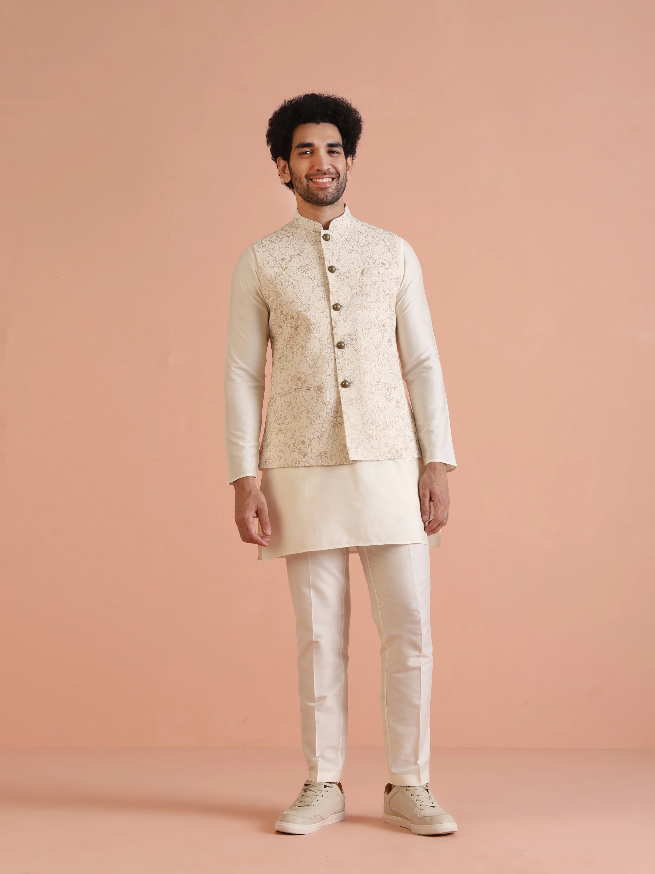 Cream Golden Floral Nehru Jacket - Image 7