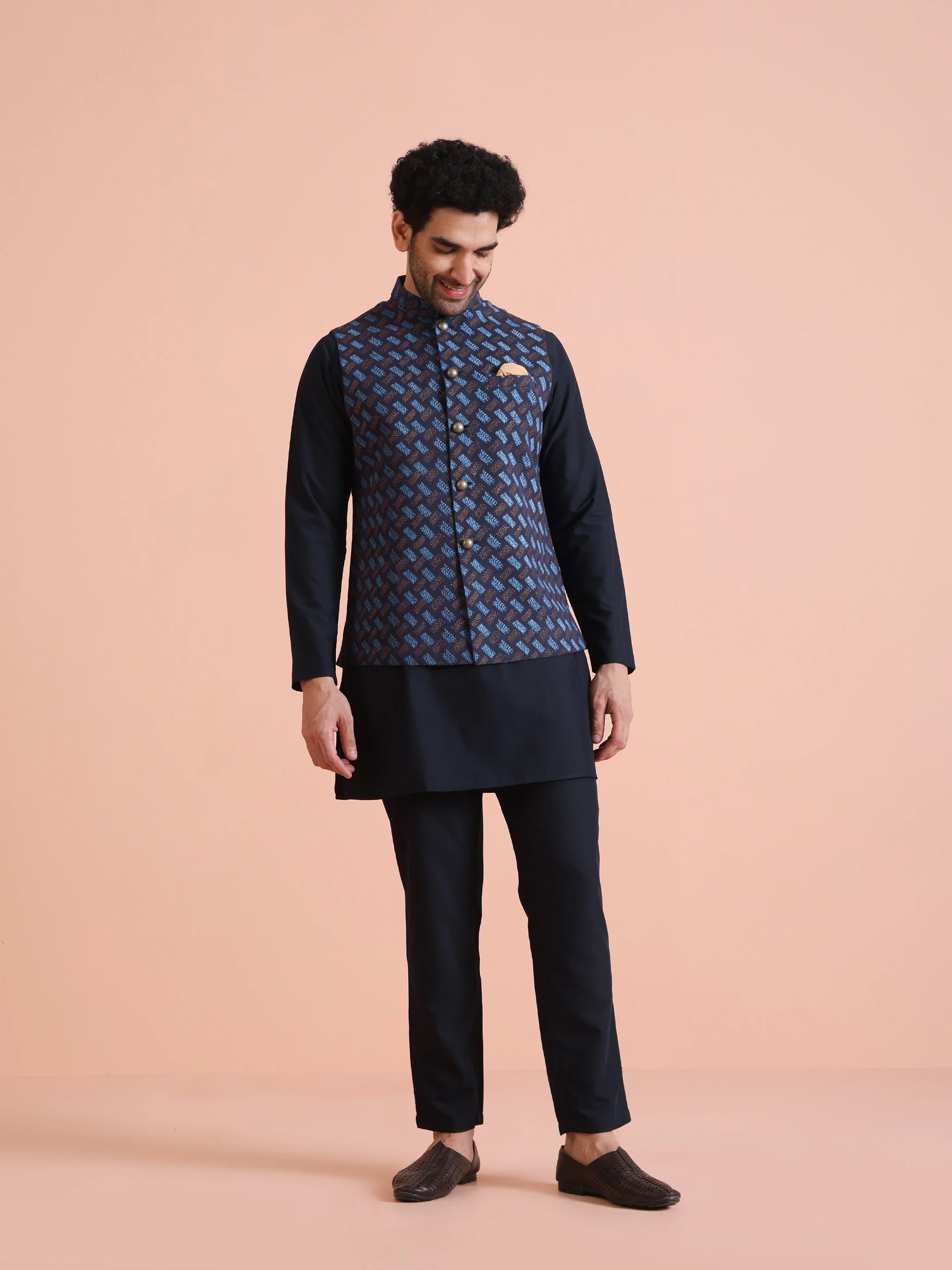 Navy Blue Printed Nehru Jacket - Image 4