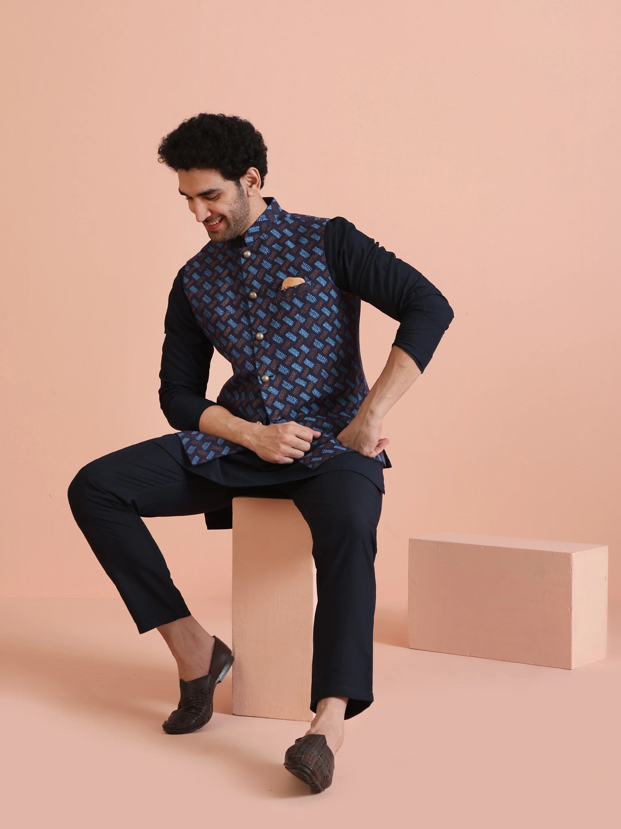 Navy Blue Printed Nehru Jacket - Image 5