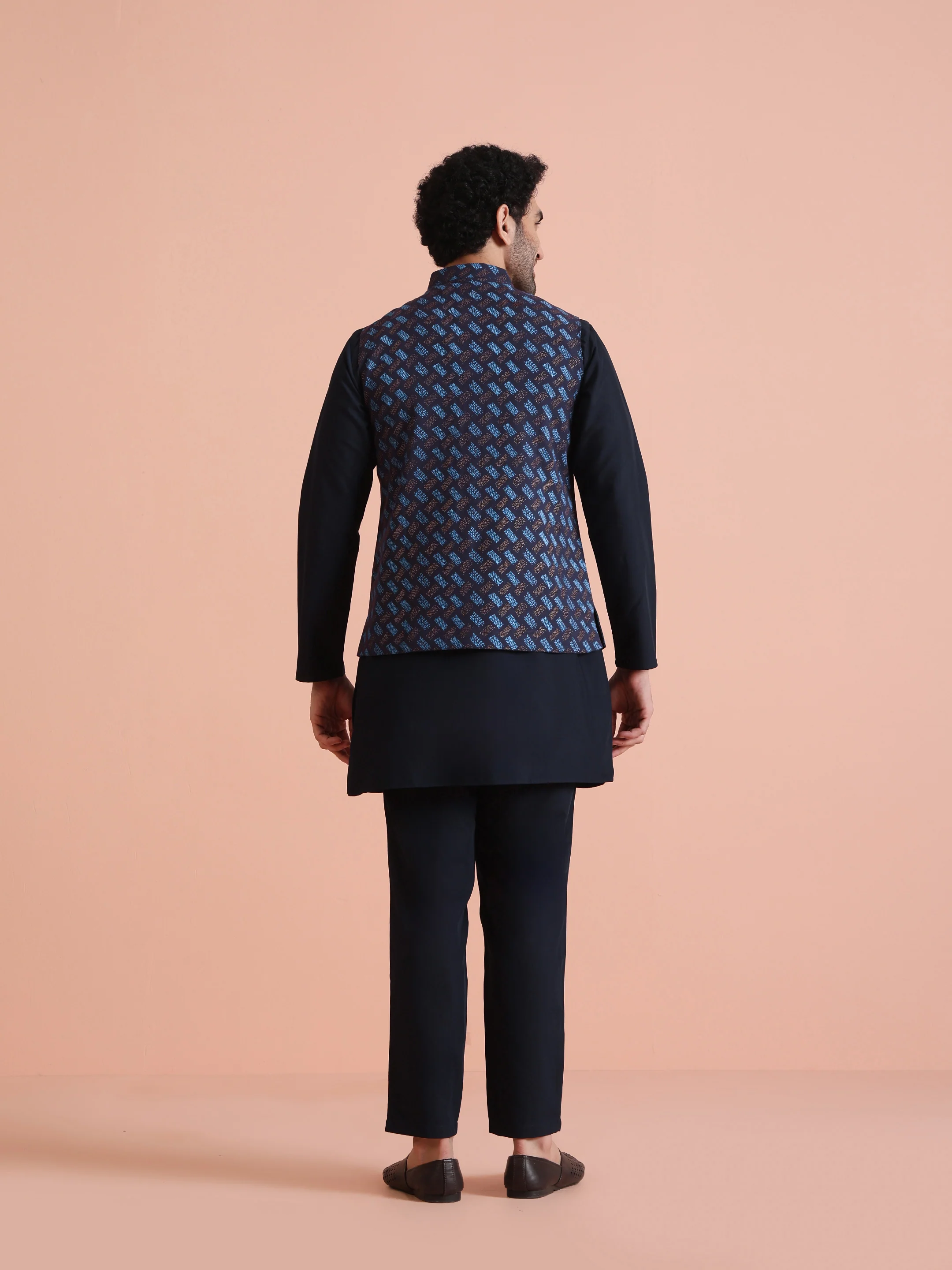 Navy Blue Printed Nehru Jacket - Image 7